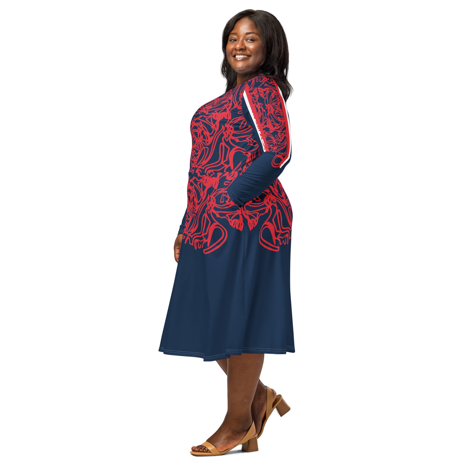 Bold navy and red streetwear dress featuring hand-drawn tribal patterns and mirrored face design, culturally inspired and crafted for a modern, edgy look – KLOE fashion.