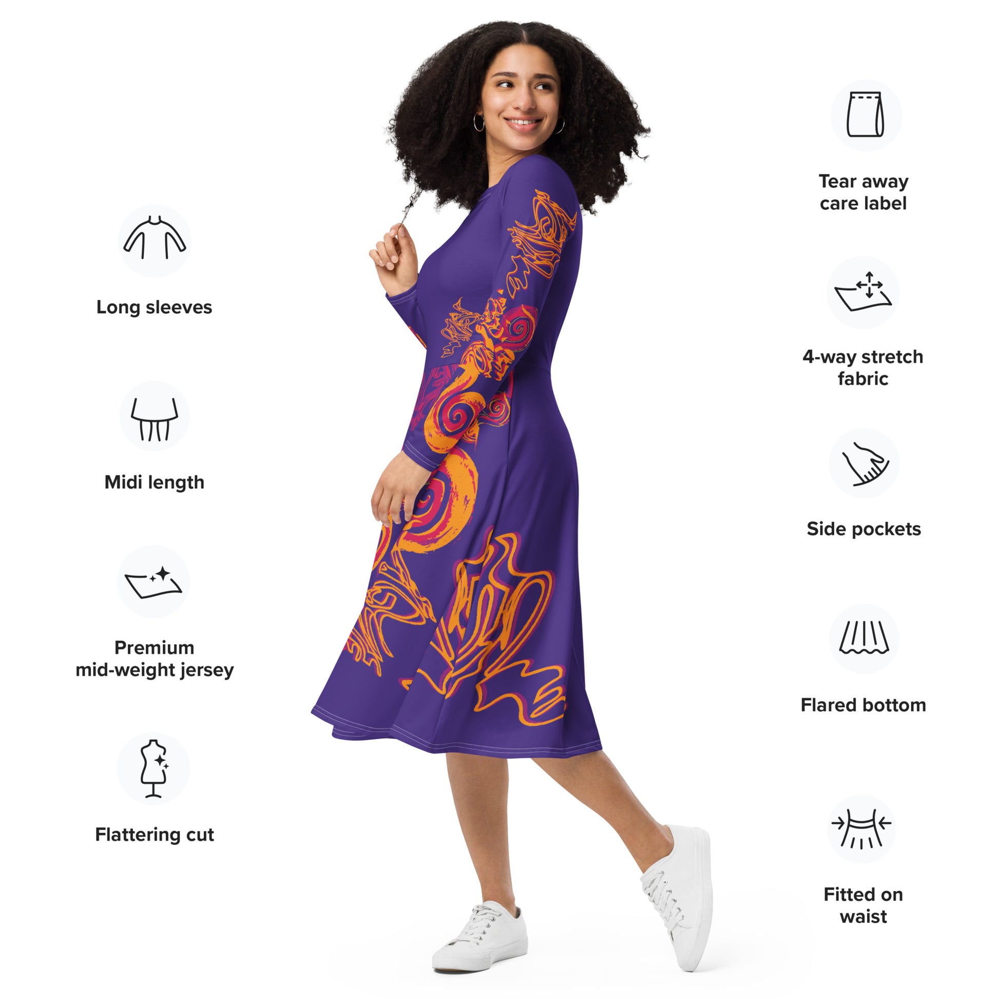 Bold purple long sleeve dress with vibrant orange and red culturally inspired patterns, featuring mirrored face design and swirling motifs — expressive fashion from KLOE’s The Secret Chambers of I & I collection, on a model, with product details.