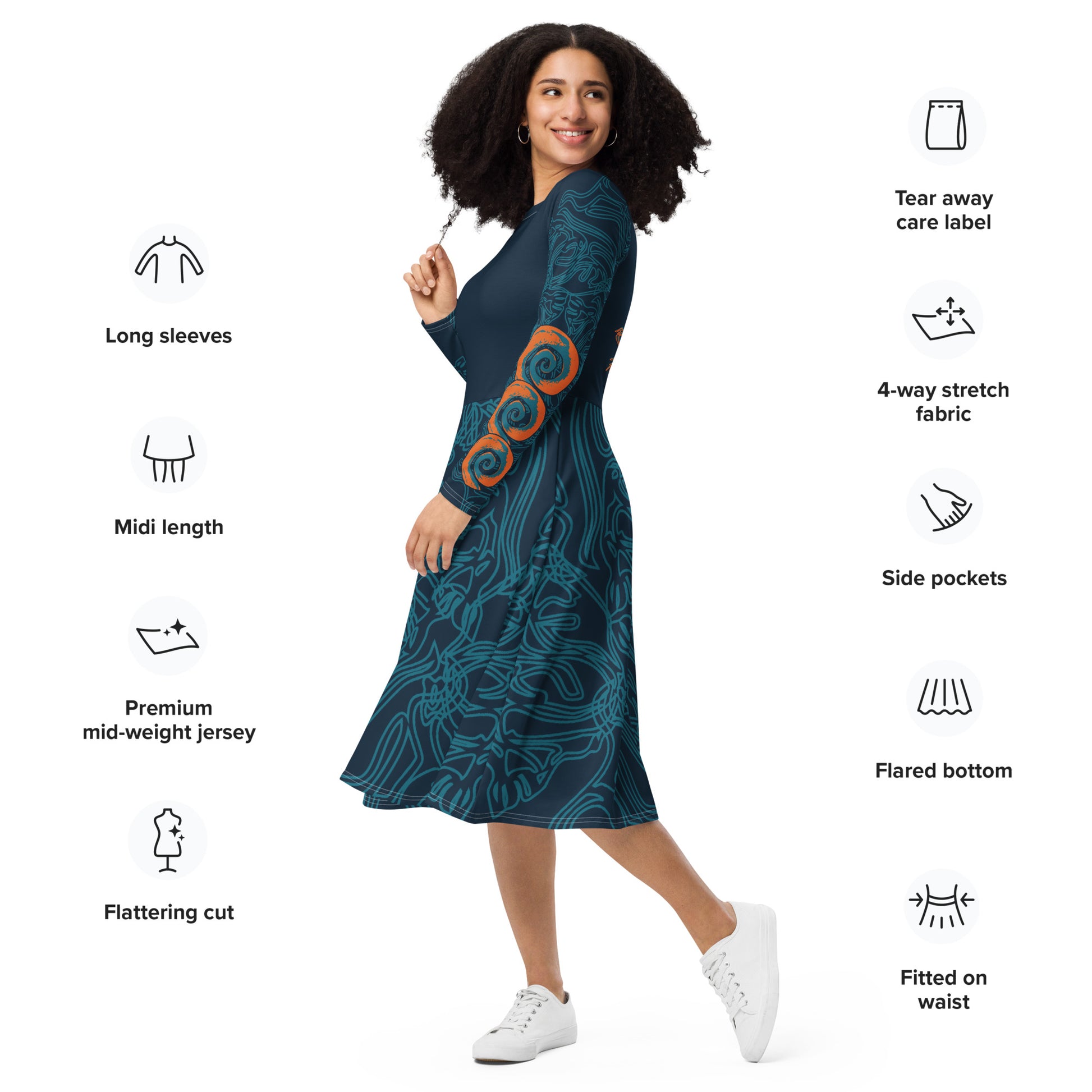 Side view of a navy blue long-sleeve dress with swirling cyan line art, bold orange sleeve accents, and a fit-and-flare design, on a model. 
