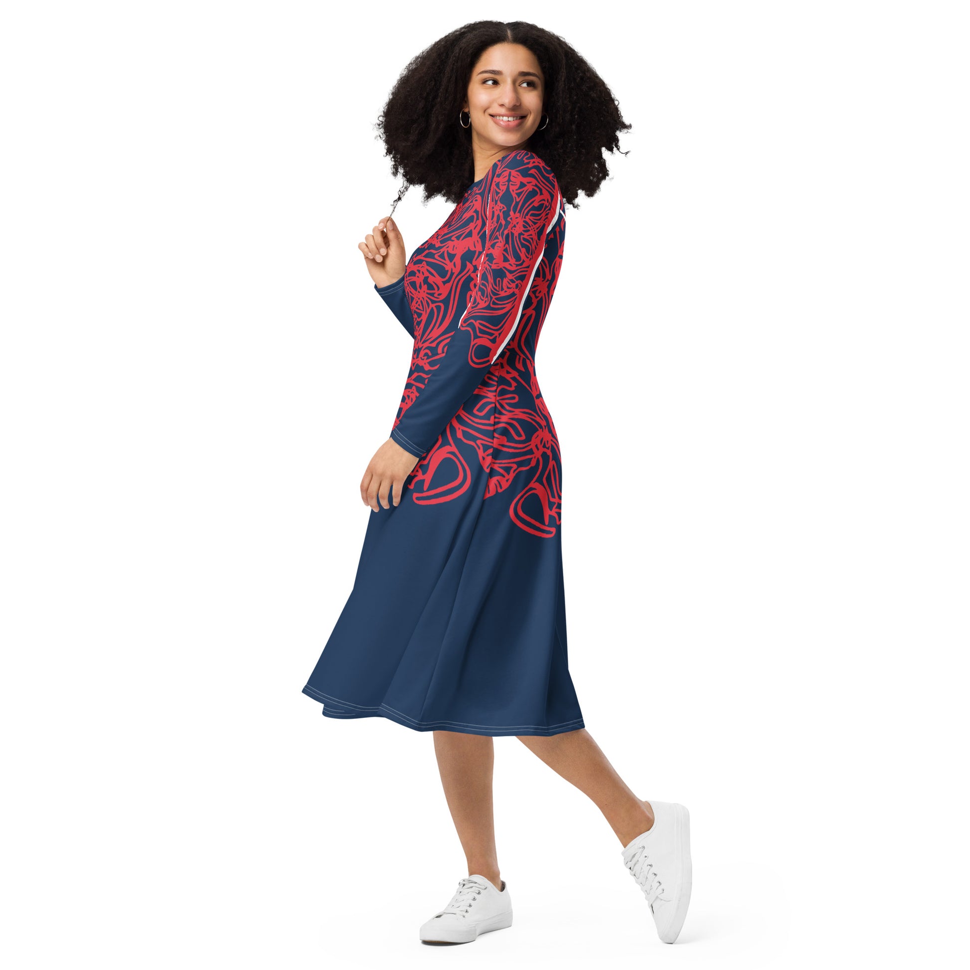 Bold navy and red streetwear dress featuring hand-drawn tribal patterns and mirrored face design, culturally inspired and crafted for a modern, edgy look – KLOE fashion.