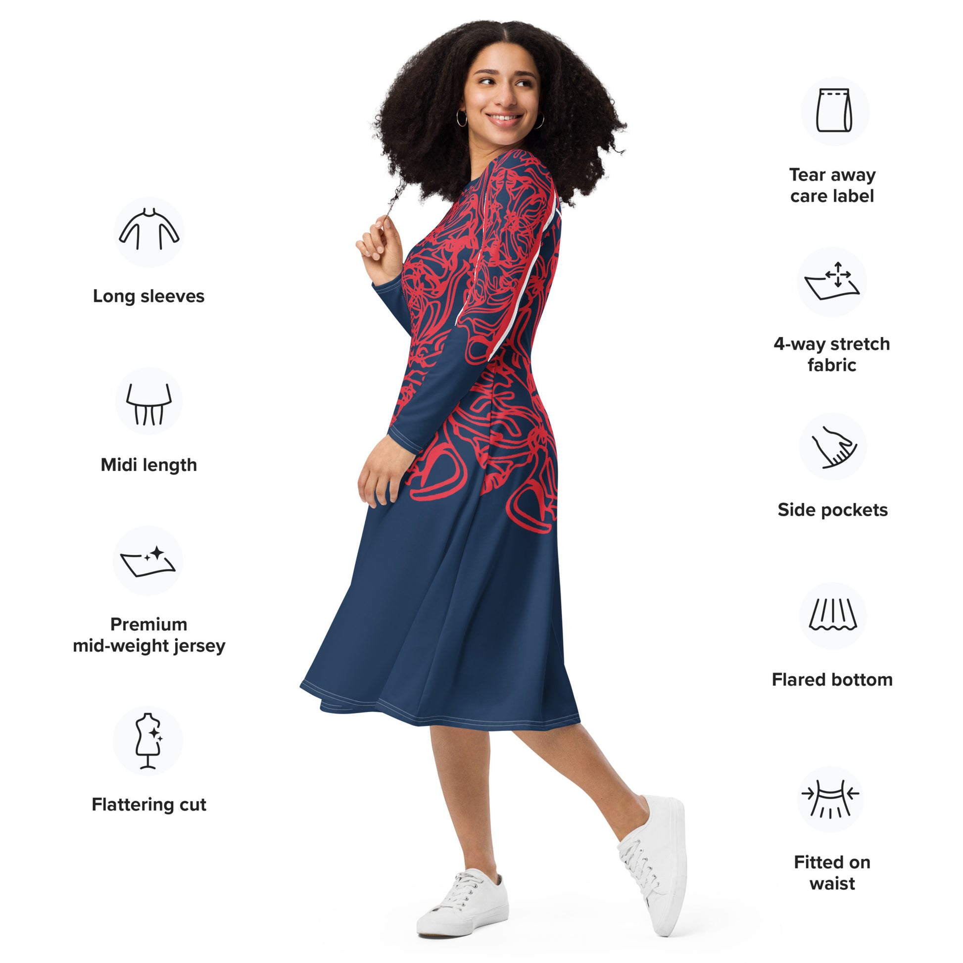 Bold navy and red streetwear dress featuring hand-drawn tribal patterns and mirrored face design, culturally inspired and crafted for a modern, edgy look – KLOE fashion.