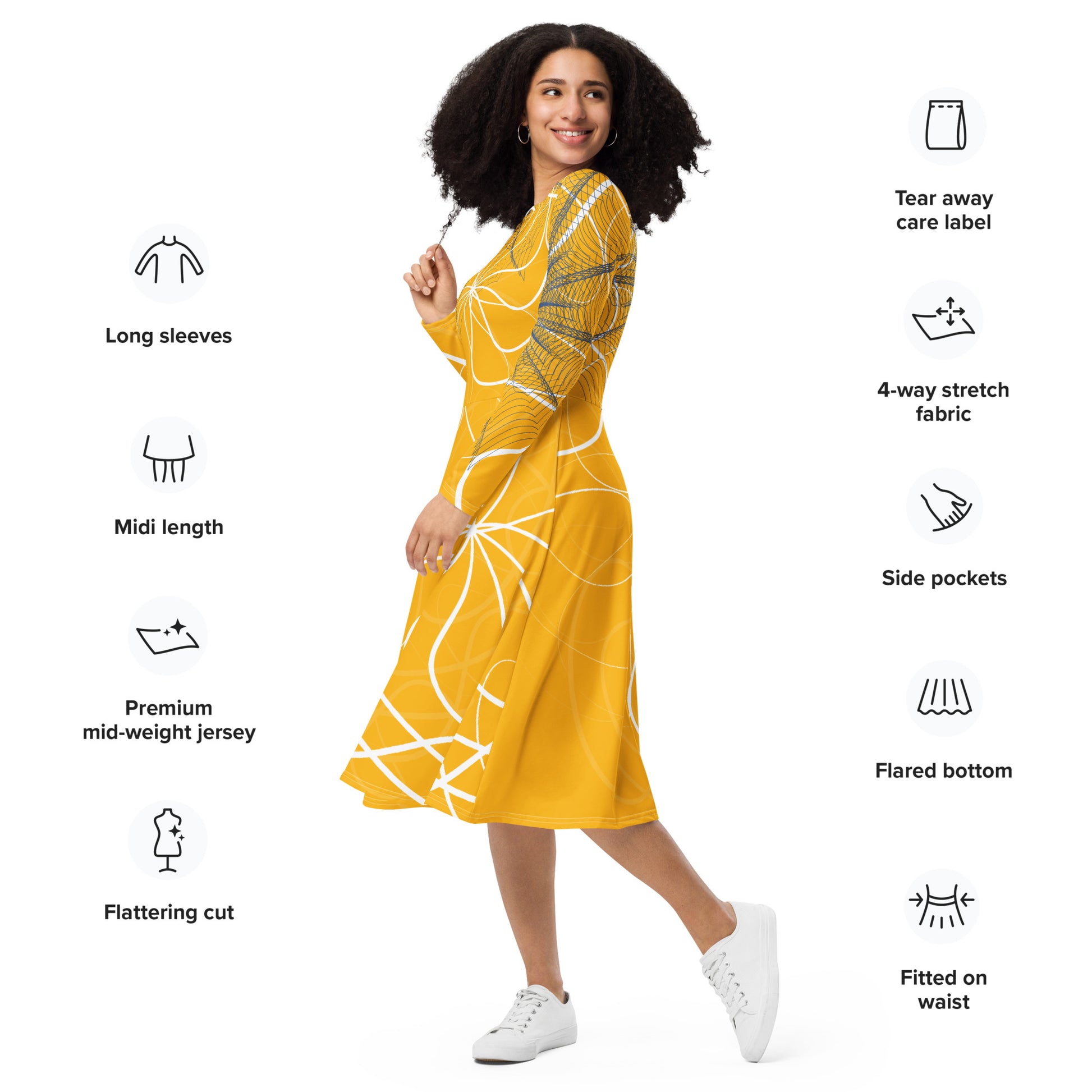 Side view of a golden yellow long sleeve midi dress featuring white swirling line art and navy geometric accents, blending flowing streetwear design with expressive hand-drawn patterns.