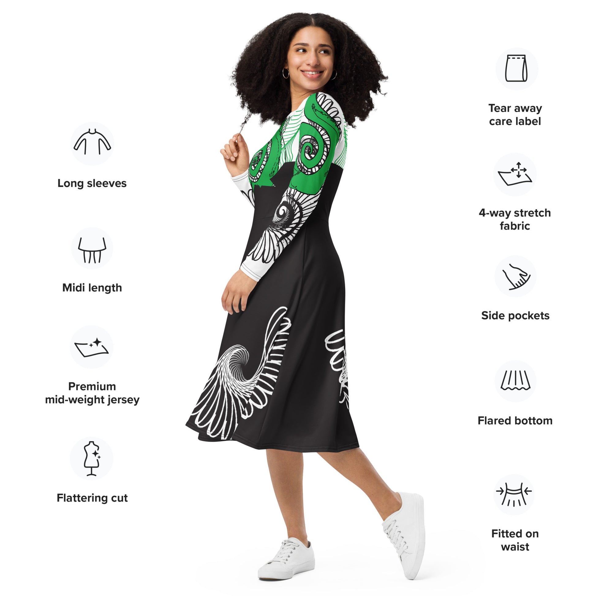 Hand-illustrated long-sleeve midi dress featuring bold green spirals, a drawing of two mirrored faces, and dynamic wing-inspired linework — designed for authentic self-expression and rooted in global artistic influence, exclusive to KLOE.