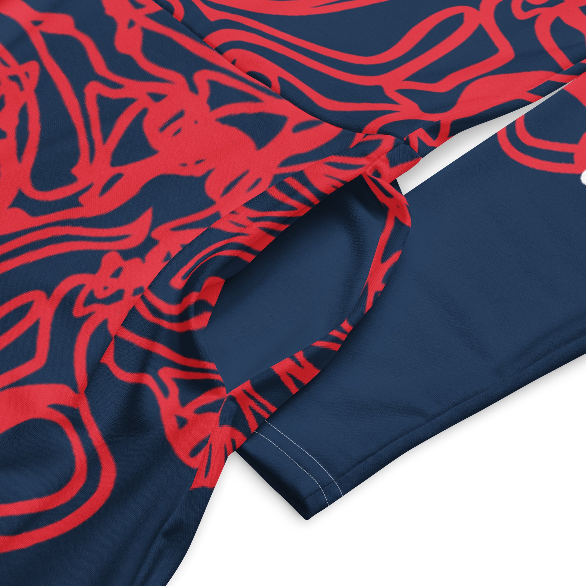 Bold navy and red streetwear dress featuring hand-drawn tribal patterns and mirrored face design, culturally inspired and crafted for a modern, edgy look – KLOE fashion.