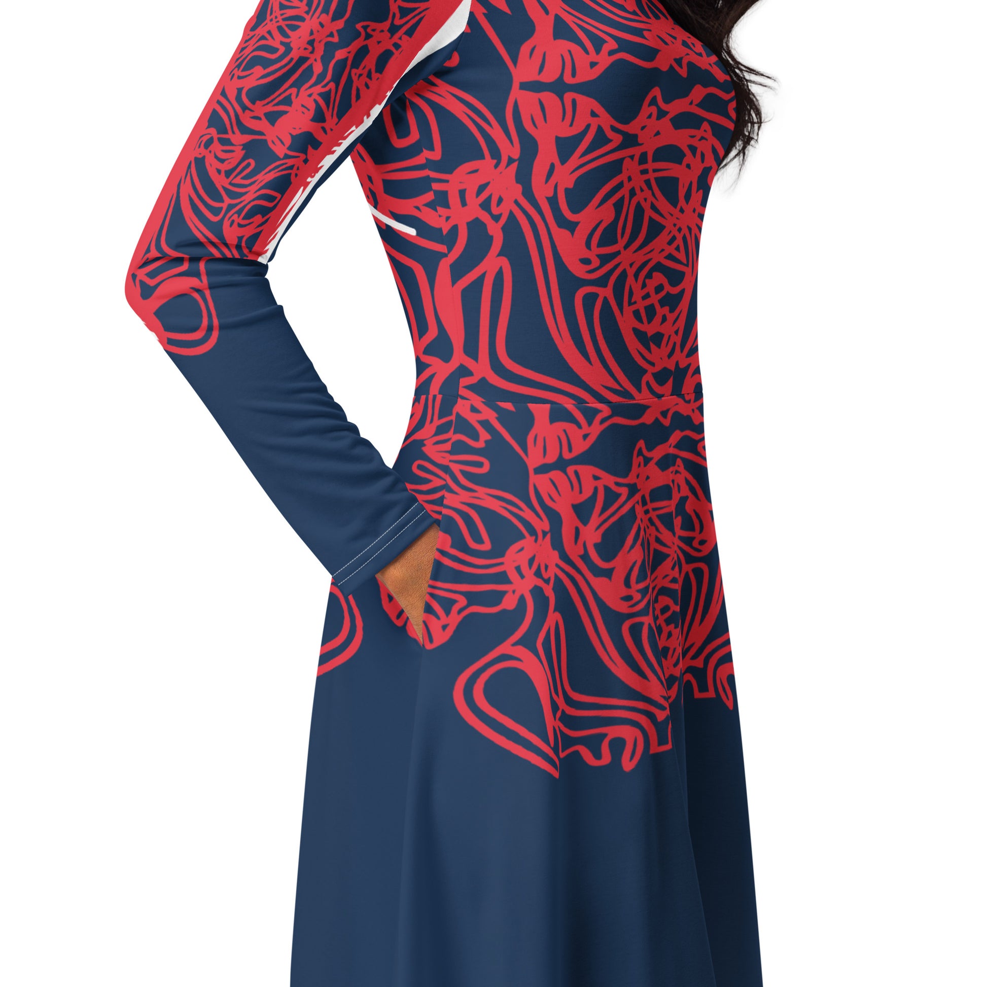 Bold navy and red streetwear dress featuring hand-drawn tribal patterns and mirrored face design, culturally inspired and crafted for a modern, edgy look – KLOE fashion.