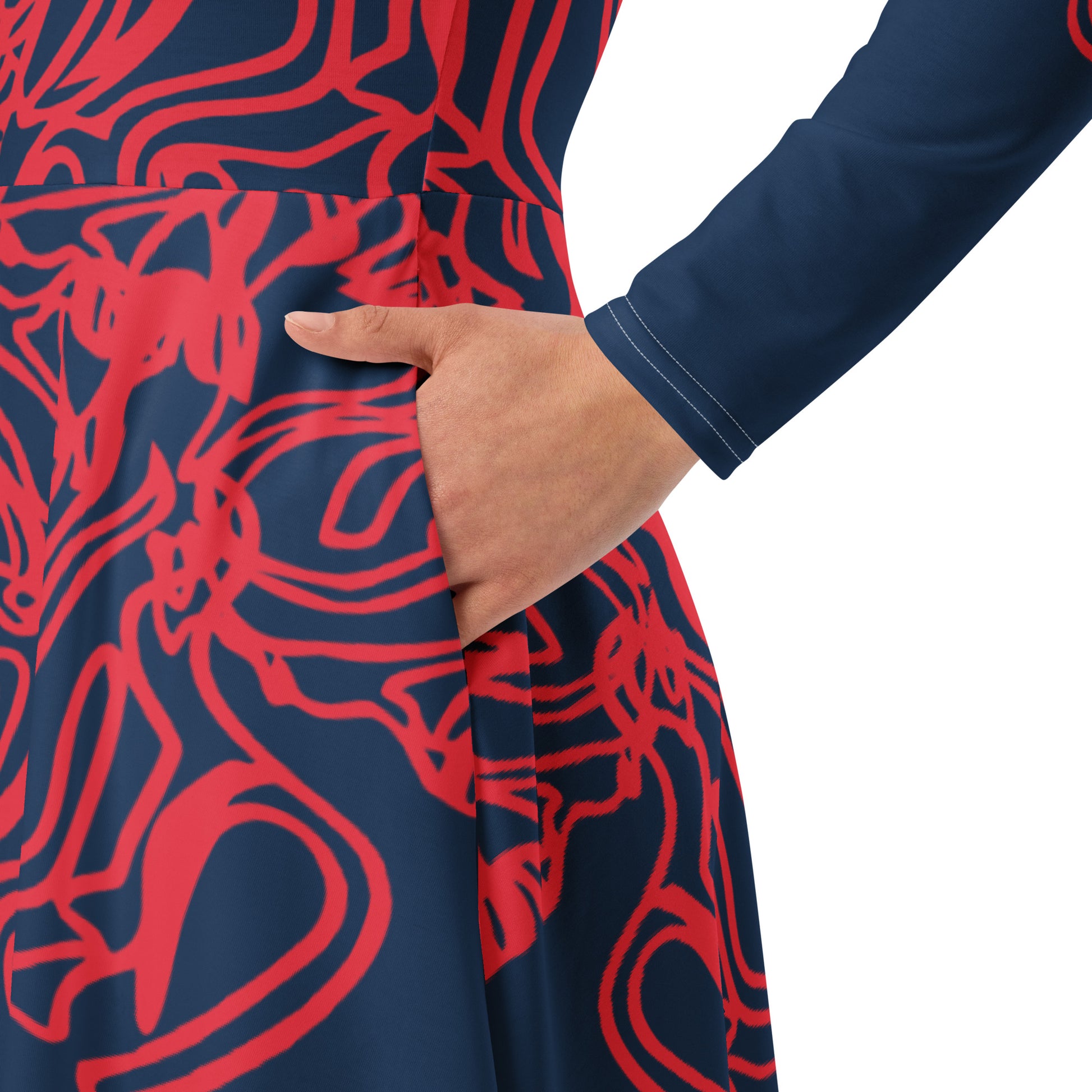 Bold navy and red streetwear dress featuring hand-drawn tribal patterns and mirrored face design, culturally inspired and crafted for a modern, edgy look – KLOE fashion.