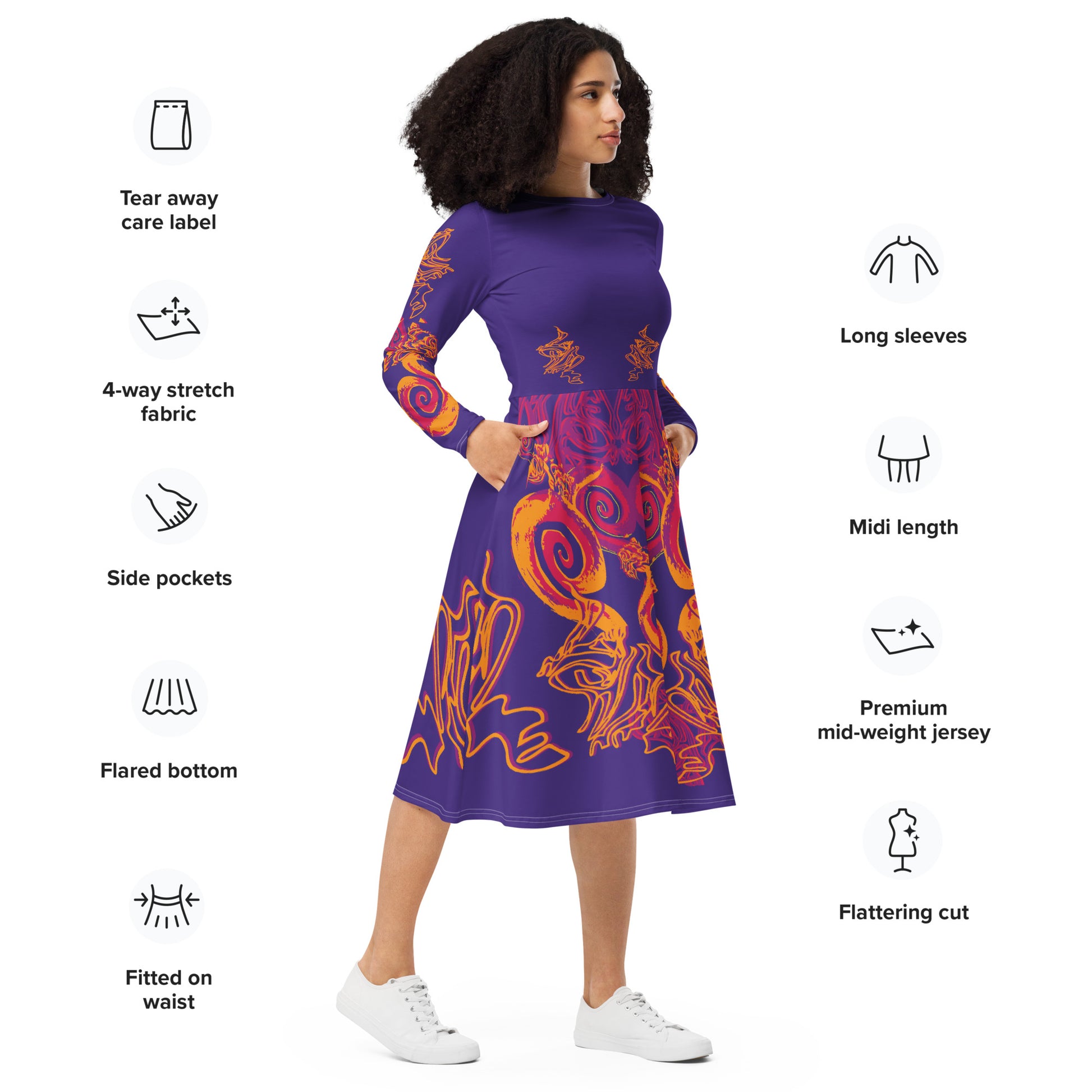 Bold purple long sleeve dress with vibrant orange and red culturally inspired patterns, featuring mirrored face design and swirling motifs — expressive fashion from KLOE’s The Secret Chambers of I & I collection, on a model, with the product details.