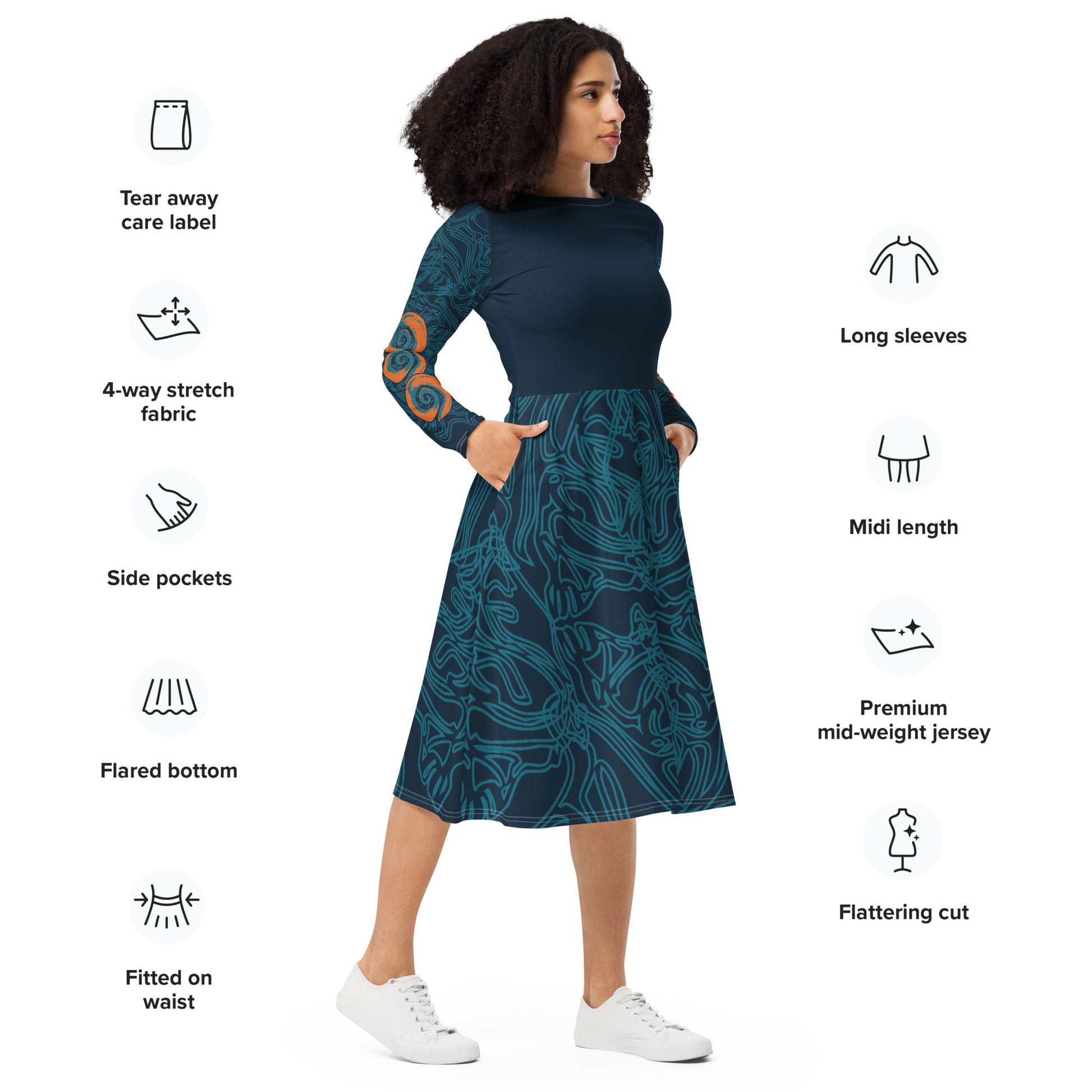 Front view of a navy blue long-sleeve dress with swirling cyan line art, bold orange sleeve accents, and a fit-and-flare design, on a model, showing product info.