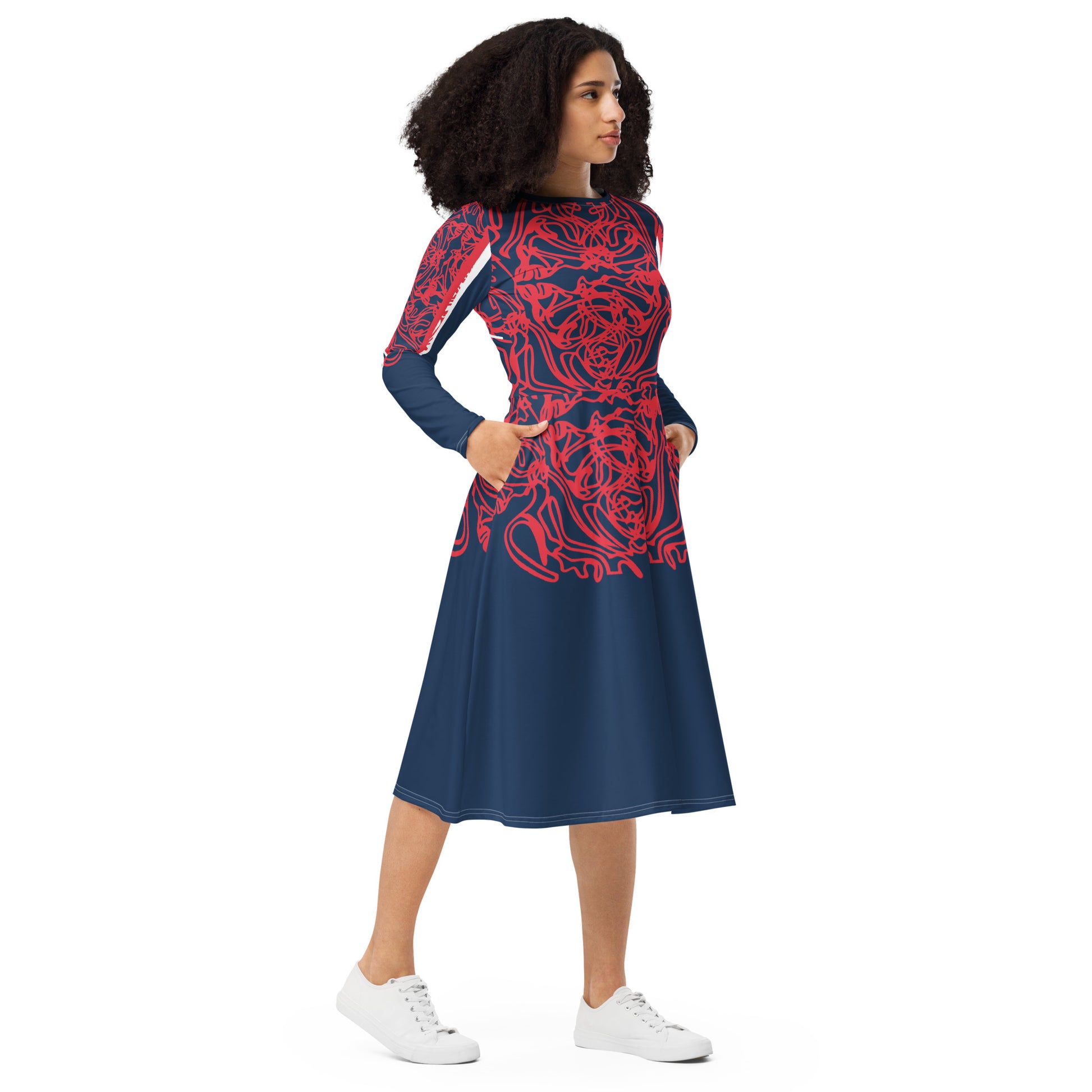 Bold navy and red streetwear dress featuring hand-drawn tribal patterns and mirrored face design, culturally inspired and crafted for a modern, edgy look – KLOE fashion.