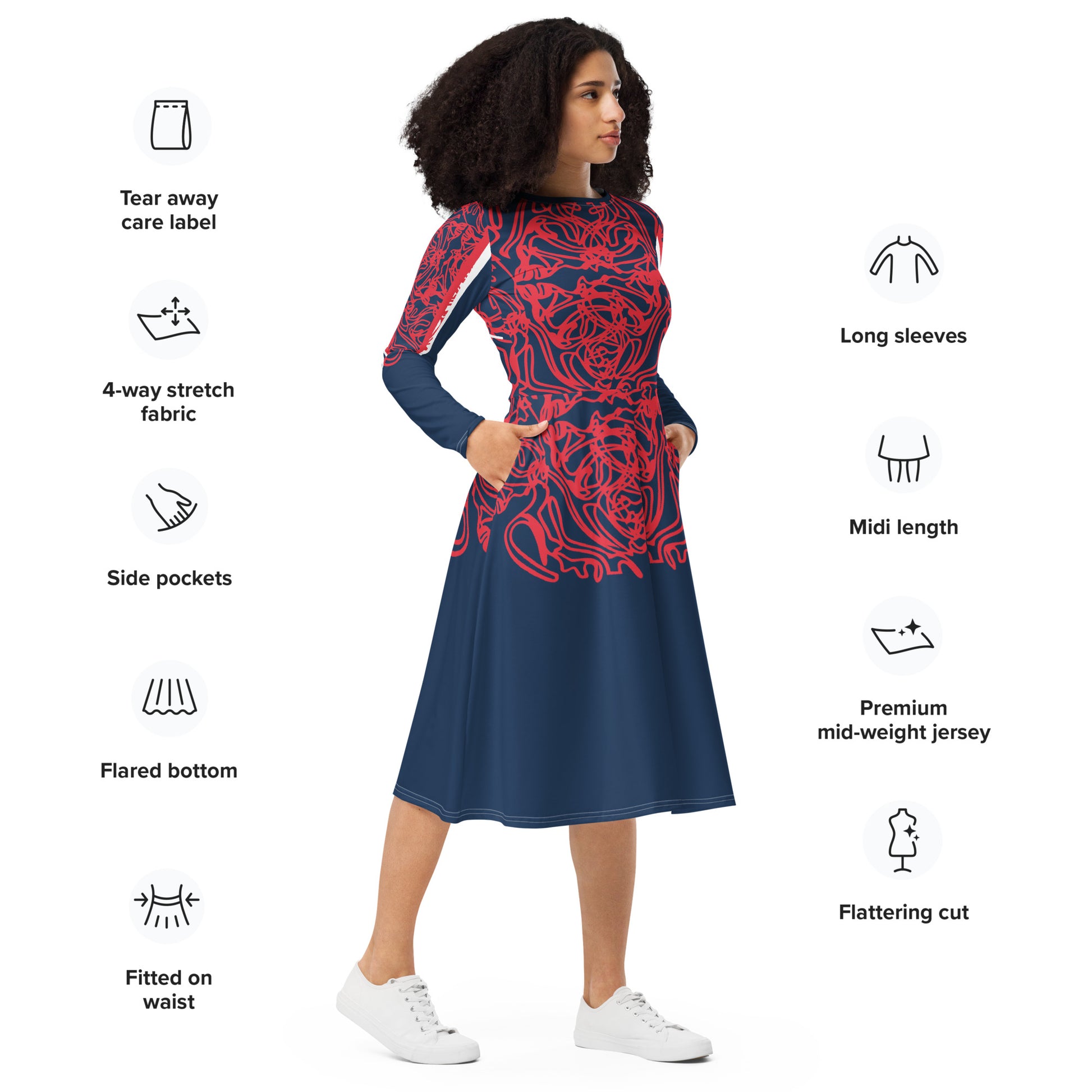 Bold navy and red streetwear dress featuring hand-drawn tribal patterns and mirrored face design, culturally inspired and crafted for a modern, edgy look – KLOE fashion.