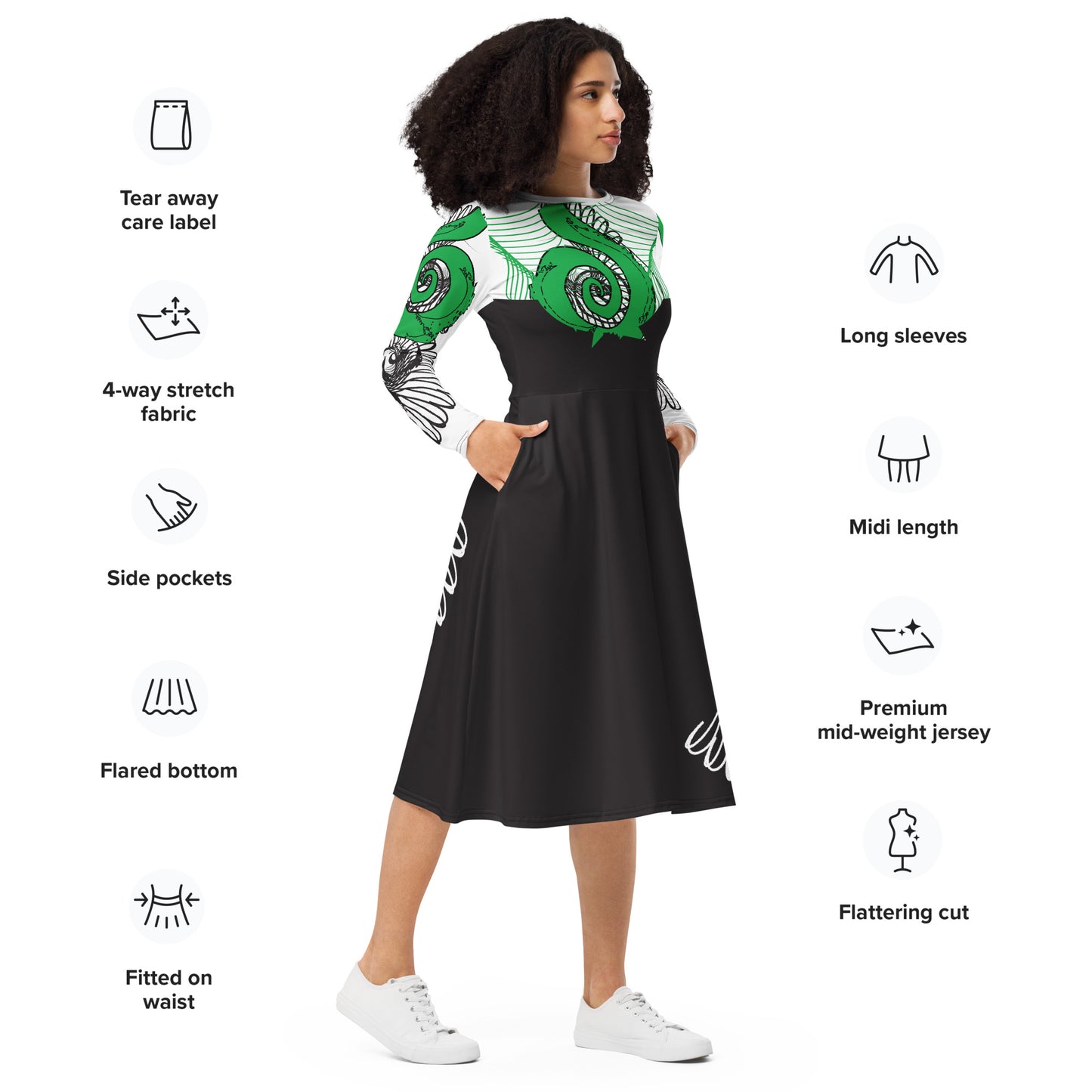 Hand-illustrated long-sleeve midi dress featuring bold green spirals, a drawing of two mirrored faces, and dynamic wing-inspired linework — designed for authentic self-expression and rooted in global artistic influence, exclusive to KLOE.