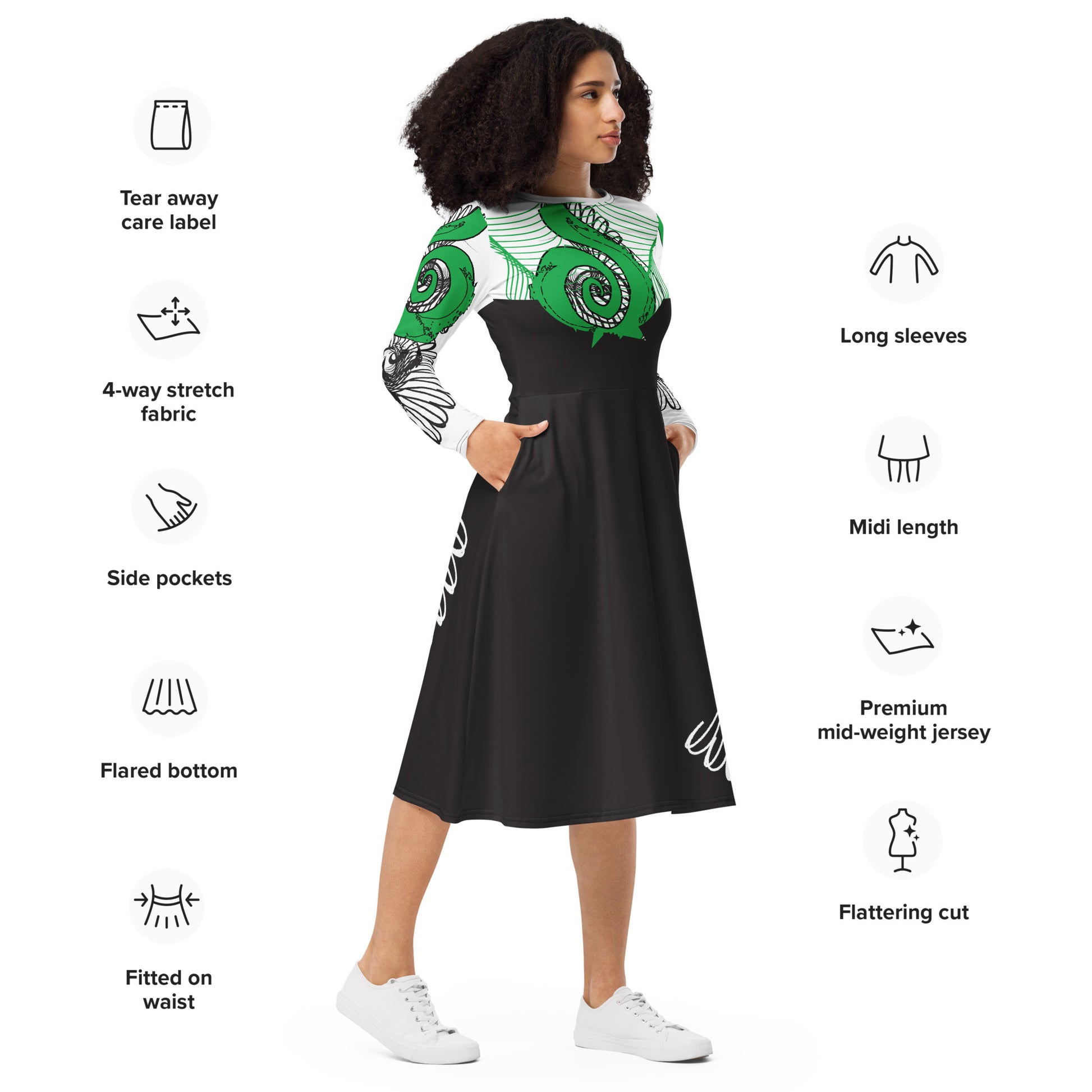 Hand-illustrated long-sleeve midi dress featuring bold green spirals, a drawing of two mirrored faces, and dynamic wing-inspired linework — designed for authentic self-expression and rooted in global artistic influence, exclusive to KLOE.