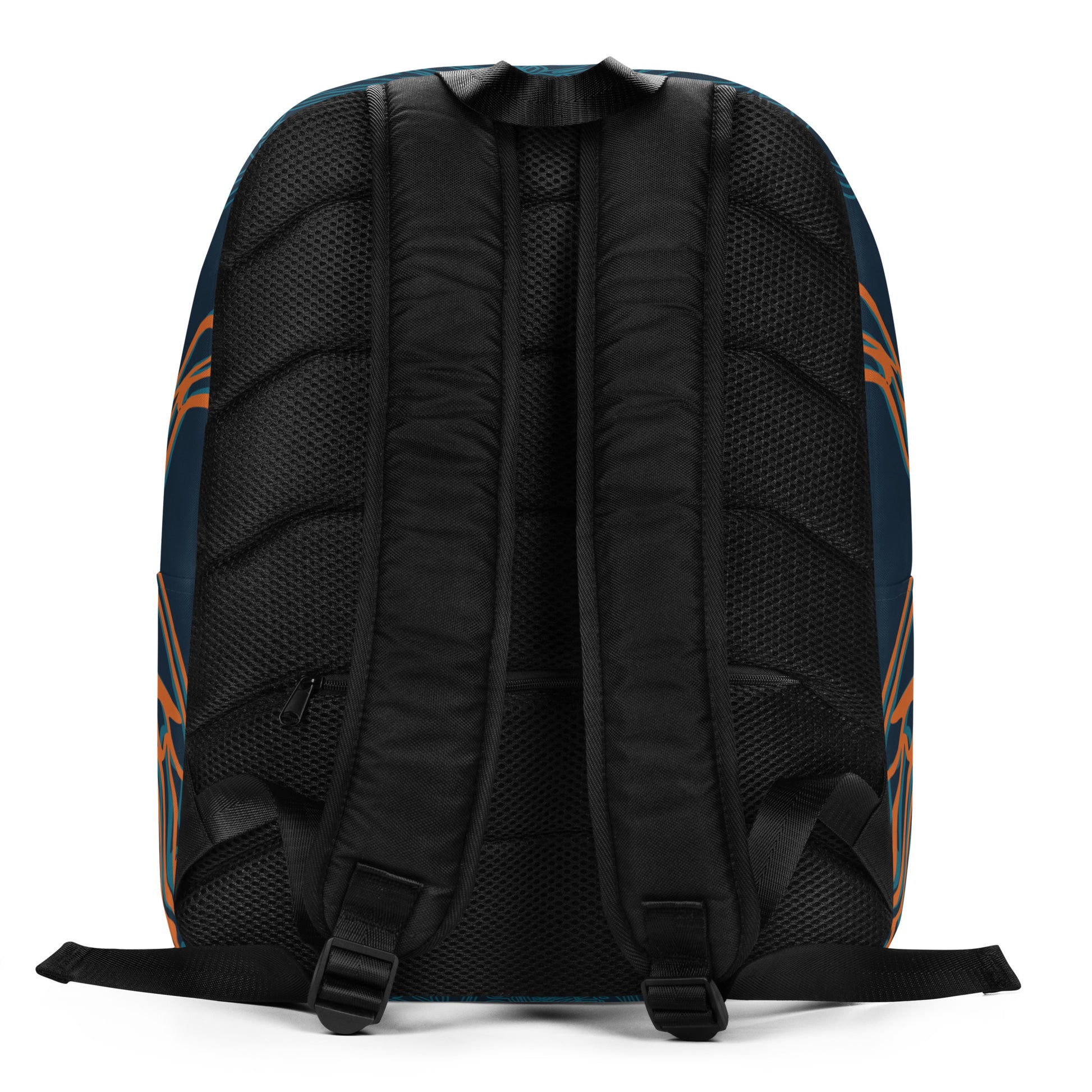 Back view of the navy blue backpack featuring intricate cyan linework and a striking orange mirrored face motif, with swirling tribal-inspired patterns for a bold artistic statement.