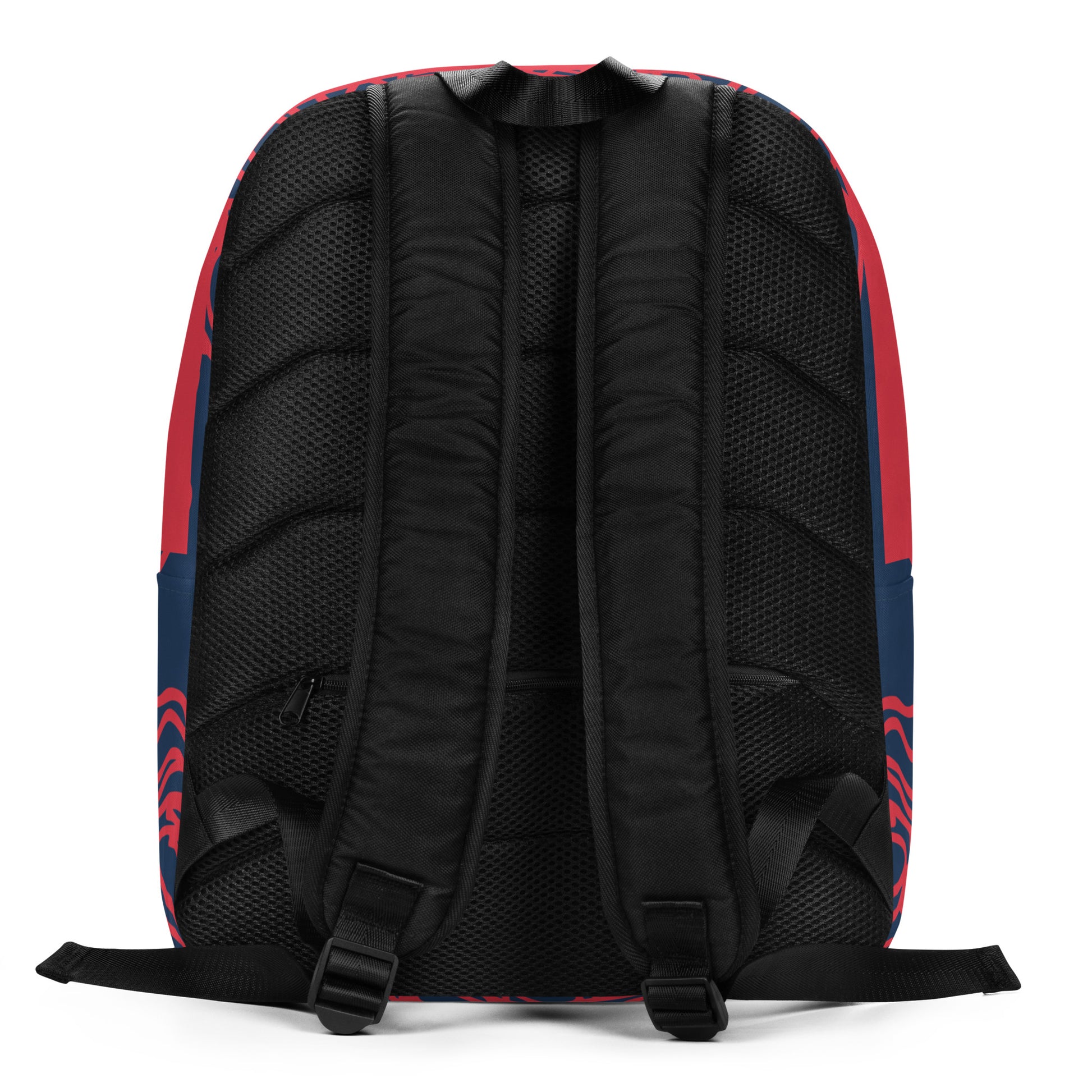 Bold navy and red streetwear backpack featuring hand-drawn tribal patterns and mirrored face design, culturally inspired and crafted for a modern, edgy look – KLOE fashion.
