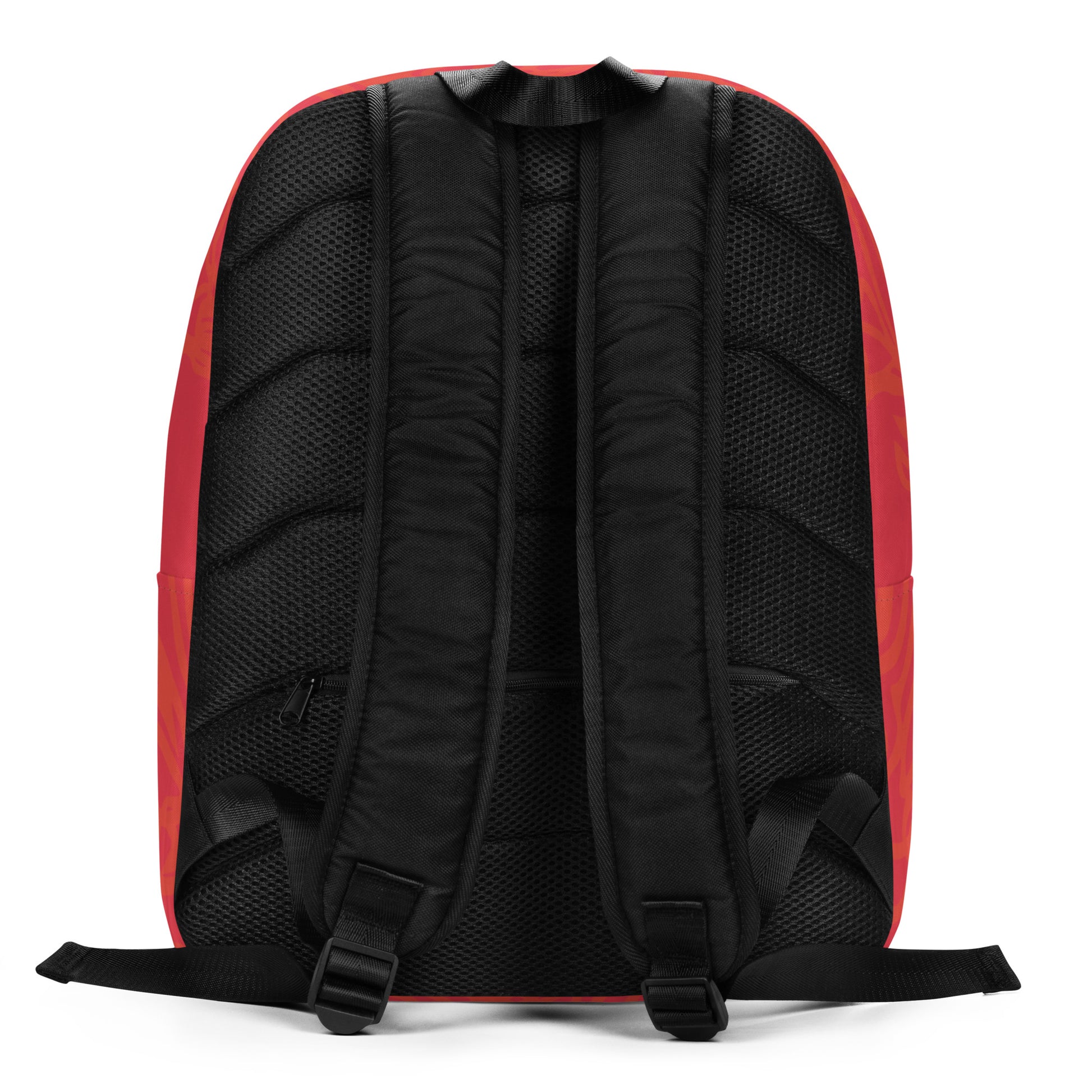 Red-orange backpack with mirrored face design and vibrant spiral patterns, inspired by cultural artistry and self-expression.