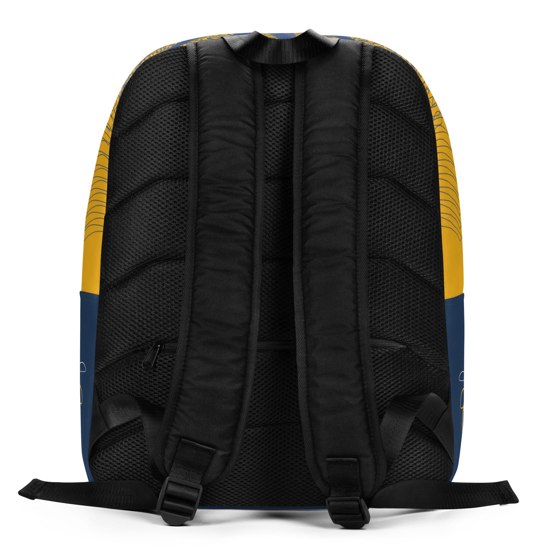 Golden yellow backpack featuring navy and white abstract line art with a mirrored face emblem at the center, blending cultural symbolism with bold streetwear design from the Secret Chambers of I and I collection.