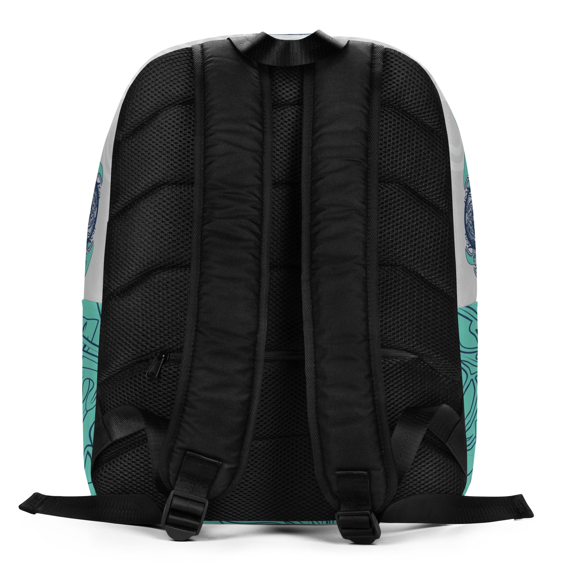 Minimalist backpack with jade and navy abstract print, featuring a bold hand-drawn dual-face motif on the front and layered spiral accents throughout.