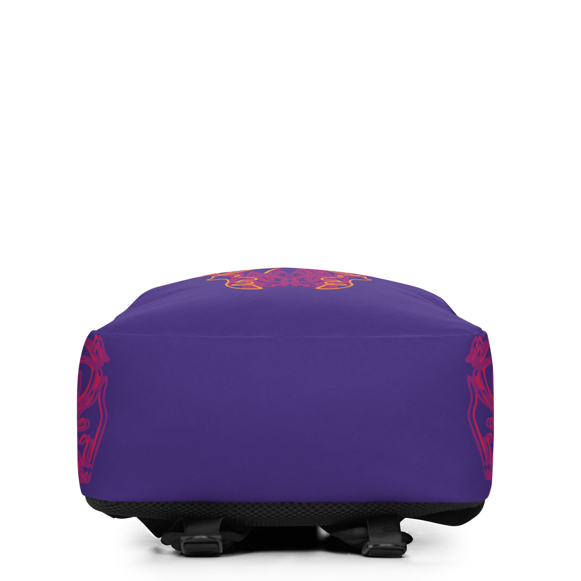 Bottom viewe of the bold purple backpack with vibrant orange and red culturally inspired patterns, featuring mirrored face design and swirling motifs — expressive fashion from KLOE’s The Secret Chambers of I & I collection.