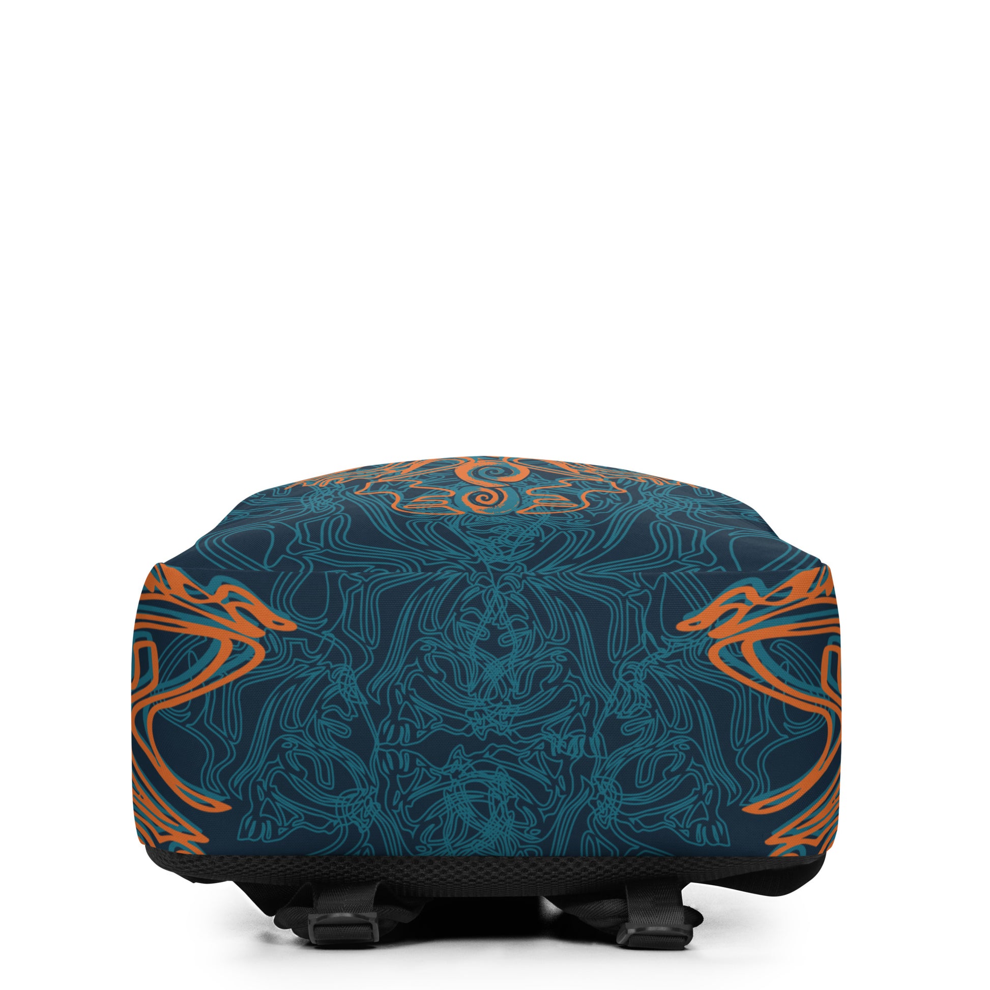 Bottom view of the navy blue backpack featuring intricate cyan linework and a striking orange mirrored face motif, with swirling tribal-inspired patterns for a bold artistic statement.