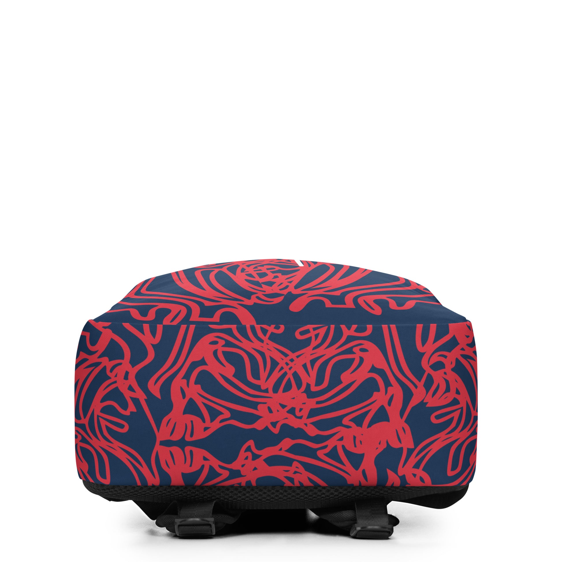Bold navy and red streetwear backpack featuring hand-drawn tribal patterns and mirrored face design, culturally inspired and crafted for a modern, edgy look – KLOE fashion.