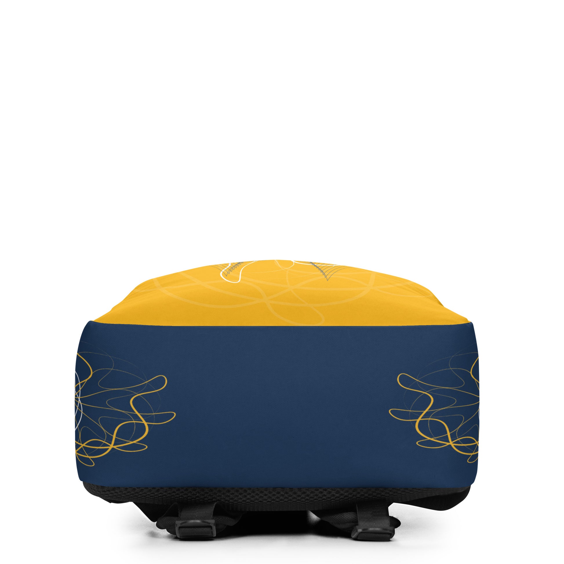 Golden yellow backpack featuring navy and white abstract line art with a mirrored face emblem at the center, blending cultural symbolism with bold streetwear design from the Secret Chambers of I and I collection.