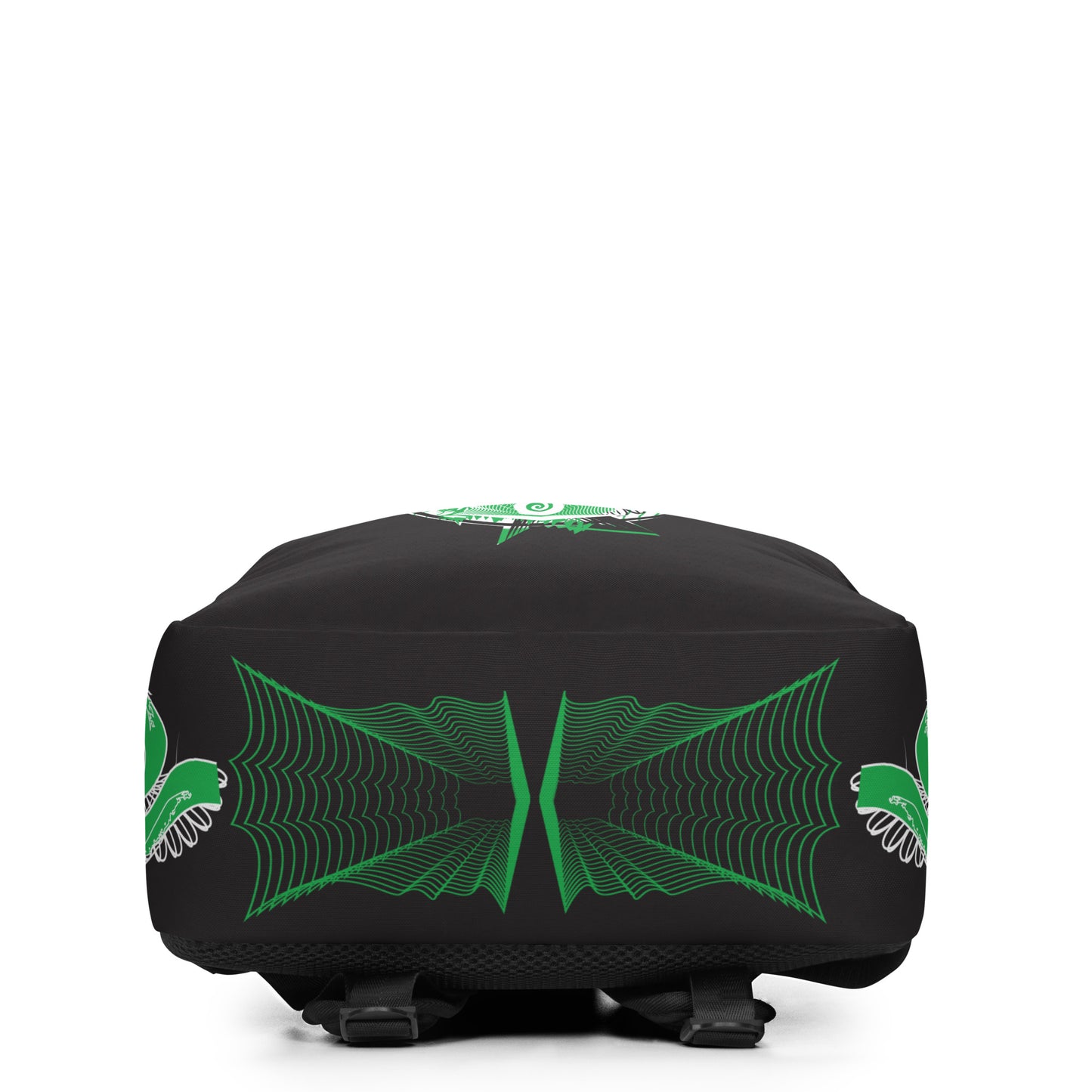 Hand-illustrated minimalist backpack featuring bold green spirals and a drawing of two mirrored faces — designed for everyday expression and inspired by global artistic traditions, exclusive to KLOE.