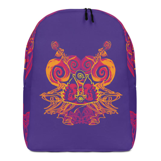 Bold purple backpack with vibrant orange and red culturally inspired patterns, featuring mirrored face design and swirling motifs — expressive fashion from KLOE’s The Secret Chambers of I & I collection.