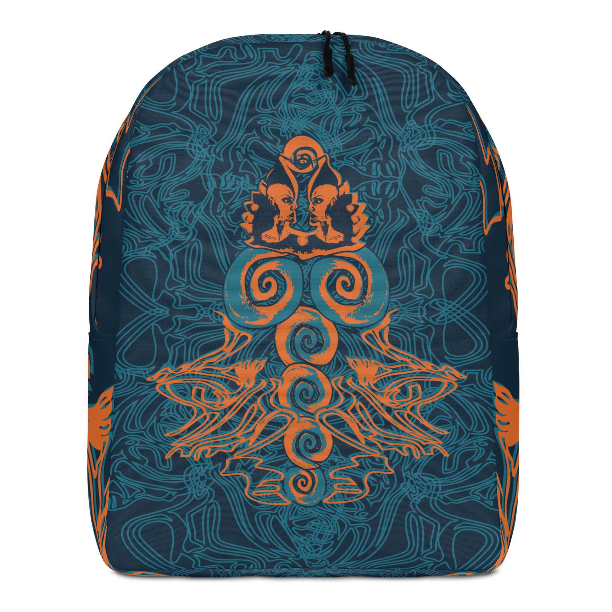 Navy blue backpack featuring intricate cyan linework and a striking orange mirrored face motif, with swirling tribal-inspired patterns for a bold artistic statement.