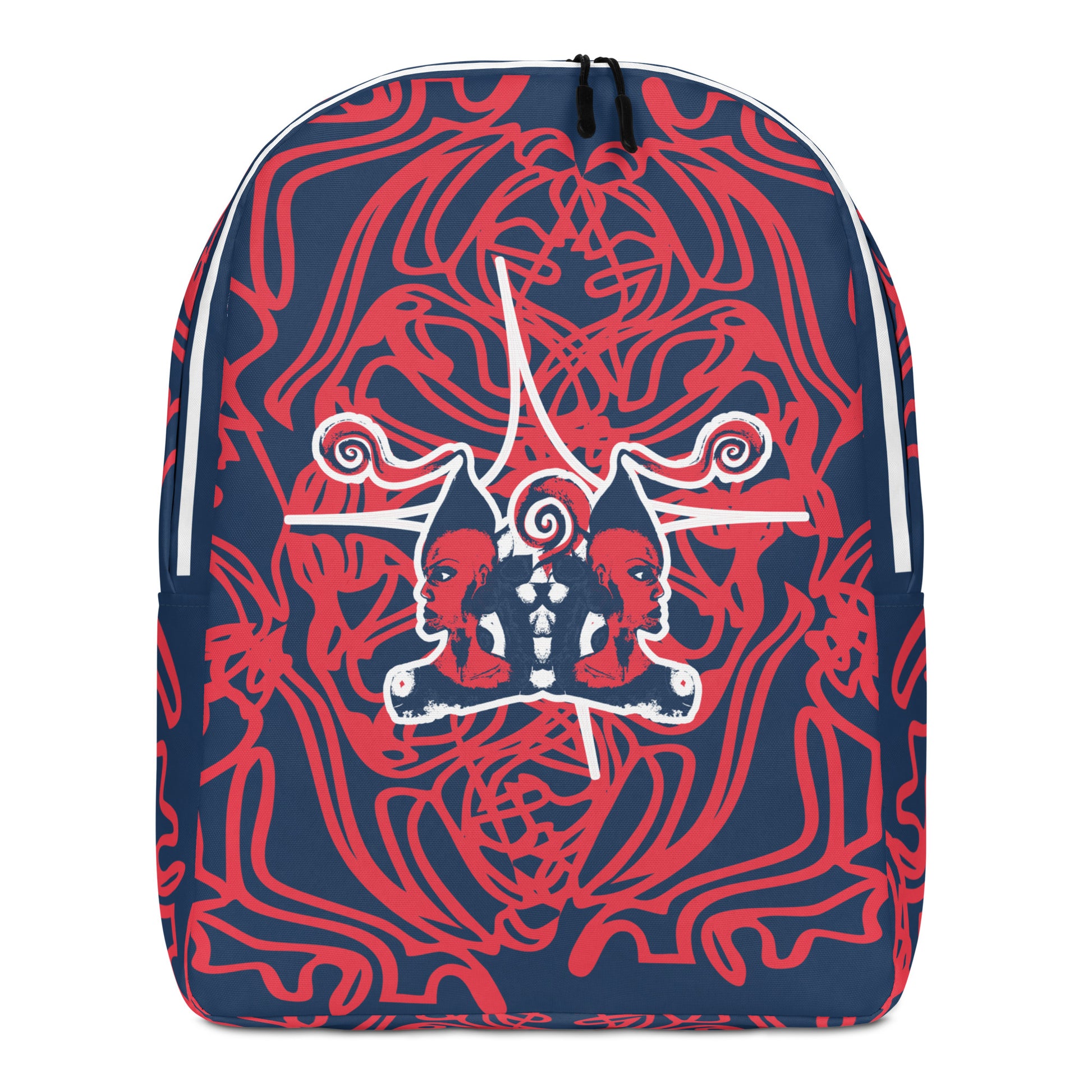 Bold navy and red streetwear backpack featuring hand-drawn tribal patterns and mirrored face design, culturally inspired and crafted for a modern, edgy look – KLOE fashion.