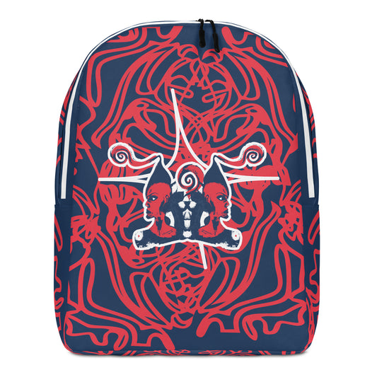 Bold navy and red streetwear backpack featuring hand-drawn tribal patterns and mirrored face design, culturally inspired and crafted for a modern, edgy look – KLOE fashion.