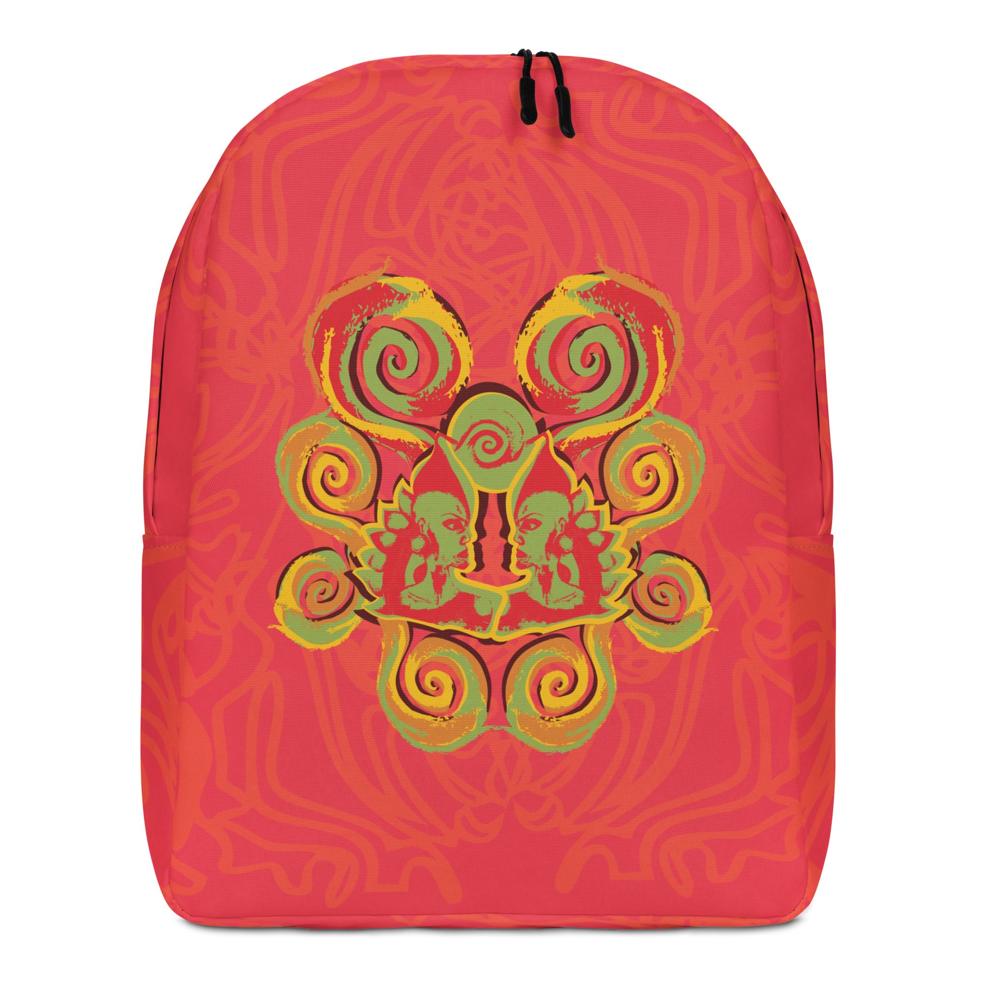 Red-orange backpack with mirrored face design and vibrant spiral patterns, inspired by cultural artistry and self-expression.