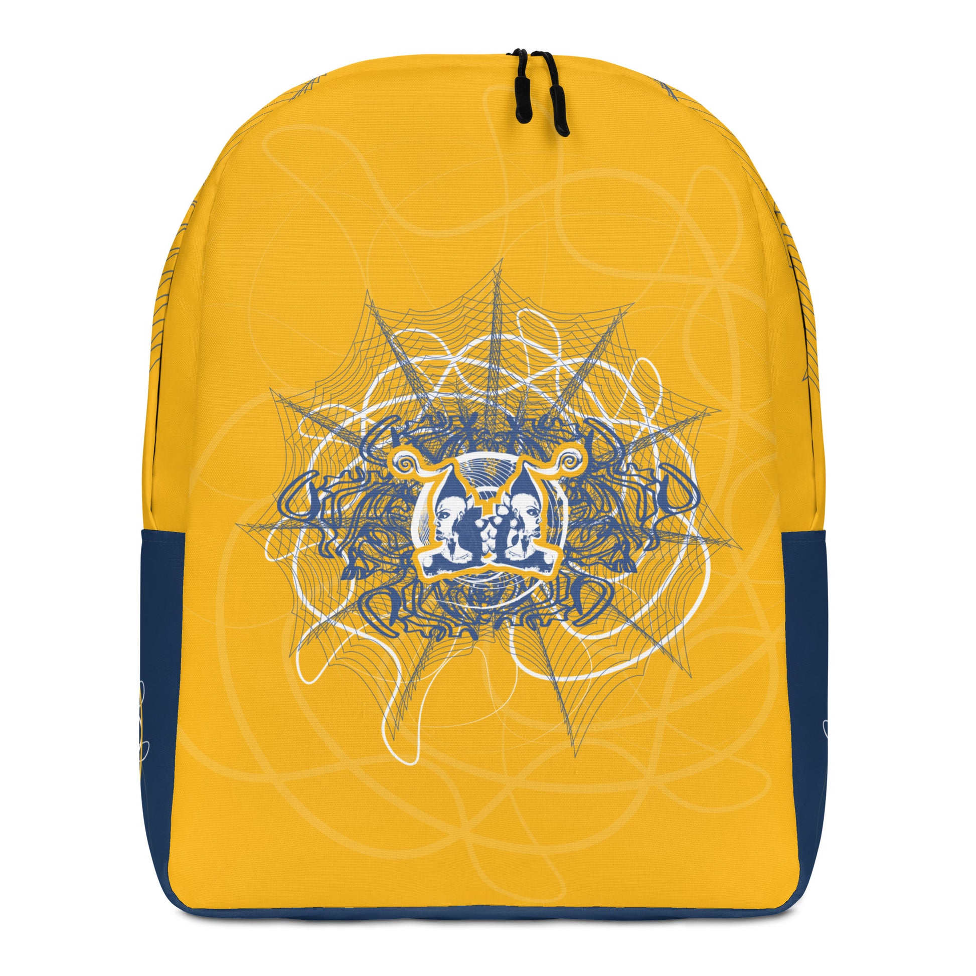 Golden yellow backpack featuring navy and white abstract line art with a mirrored face emblem at the center, blending cultural symbolism with bold streetwear design from the Secret Chambers of I and I collection.
