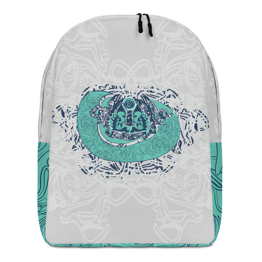 Minimalist backpack with jade and navy abstract print, featuring a bold hand-drawn dual-face motif on the front and layered spiral accents throughout.