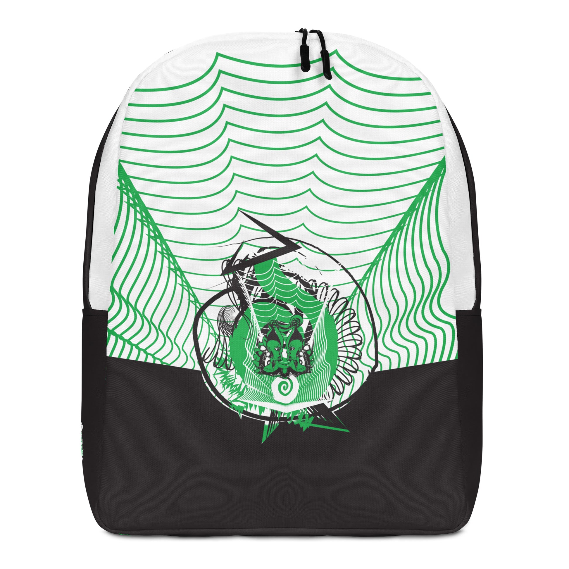 Hand-illustrated minimalist backpack featuring bold green spirals and a drawing of two mirrored faces — designed for everyday expression and inspired by global artistic traditions, exclusive to KLOE.