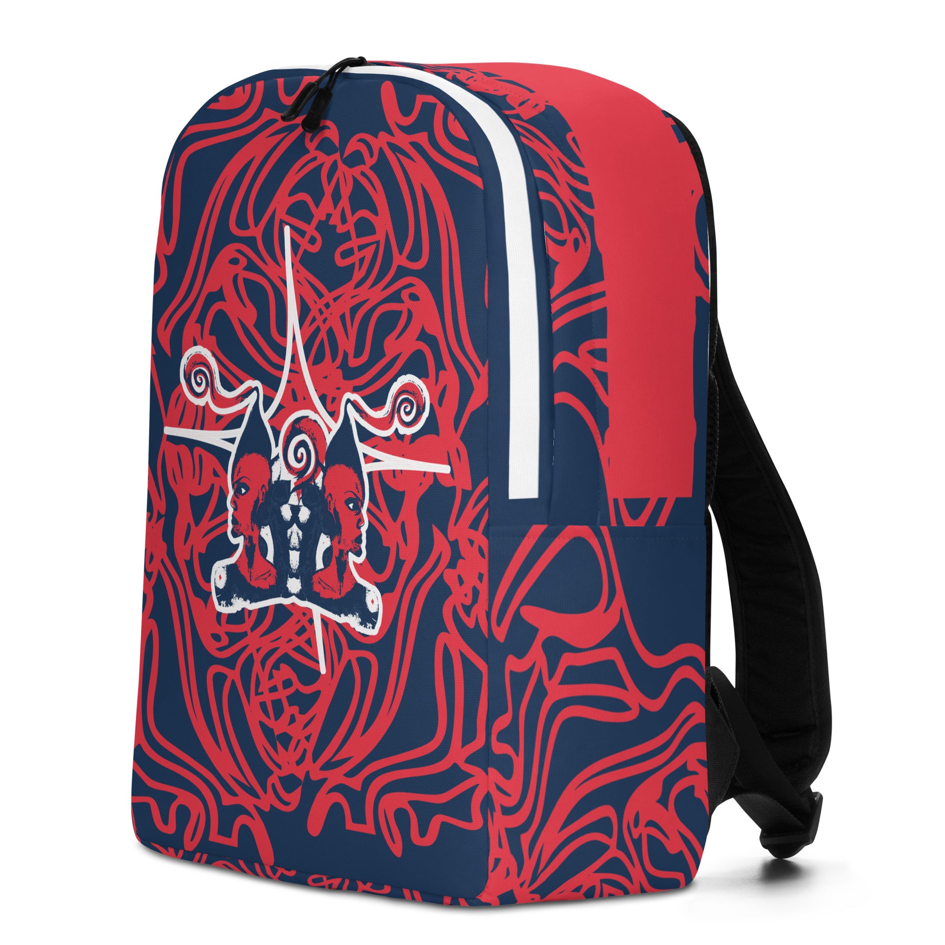 Bold navy and red streetwear backpack featuring hand-drawn tribal patterns and mirrored face design, culturally inspired and crafted for a modern, edgy look – KLOE fashion.