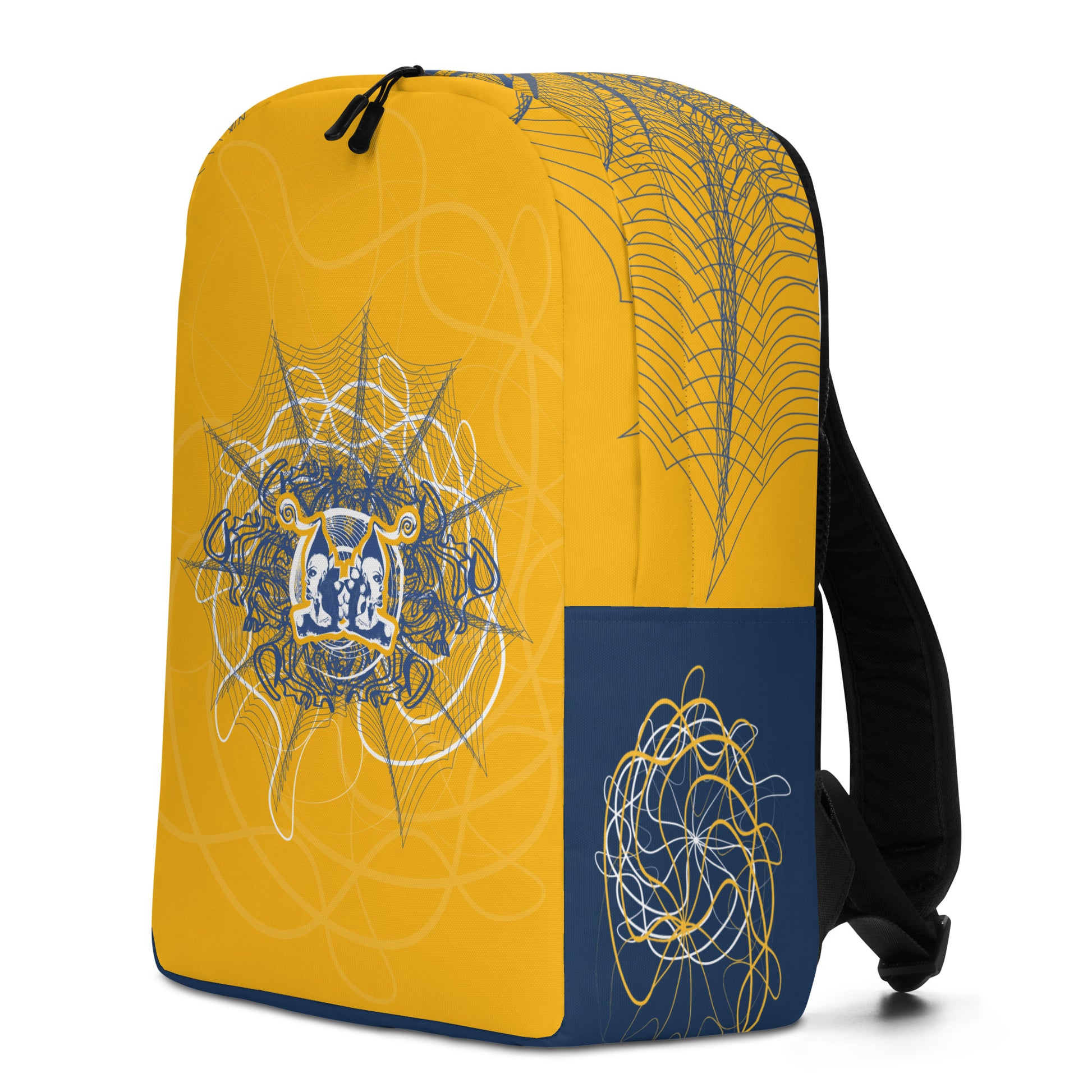 Golden yellow backpack featuring navy and white abstract line art with a mirrored face emblem at the center, blending cultural symbolism with bold streetwear design from the Secret Chambers of I and I collection.