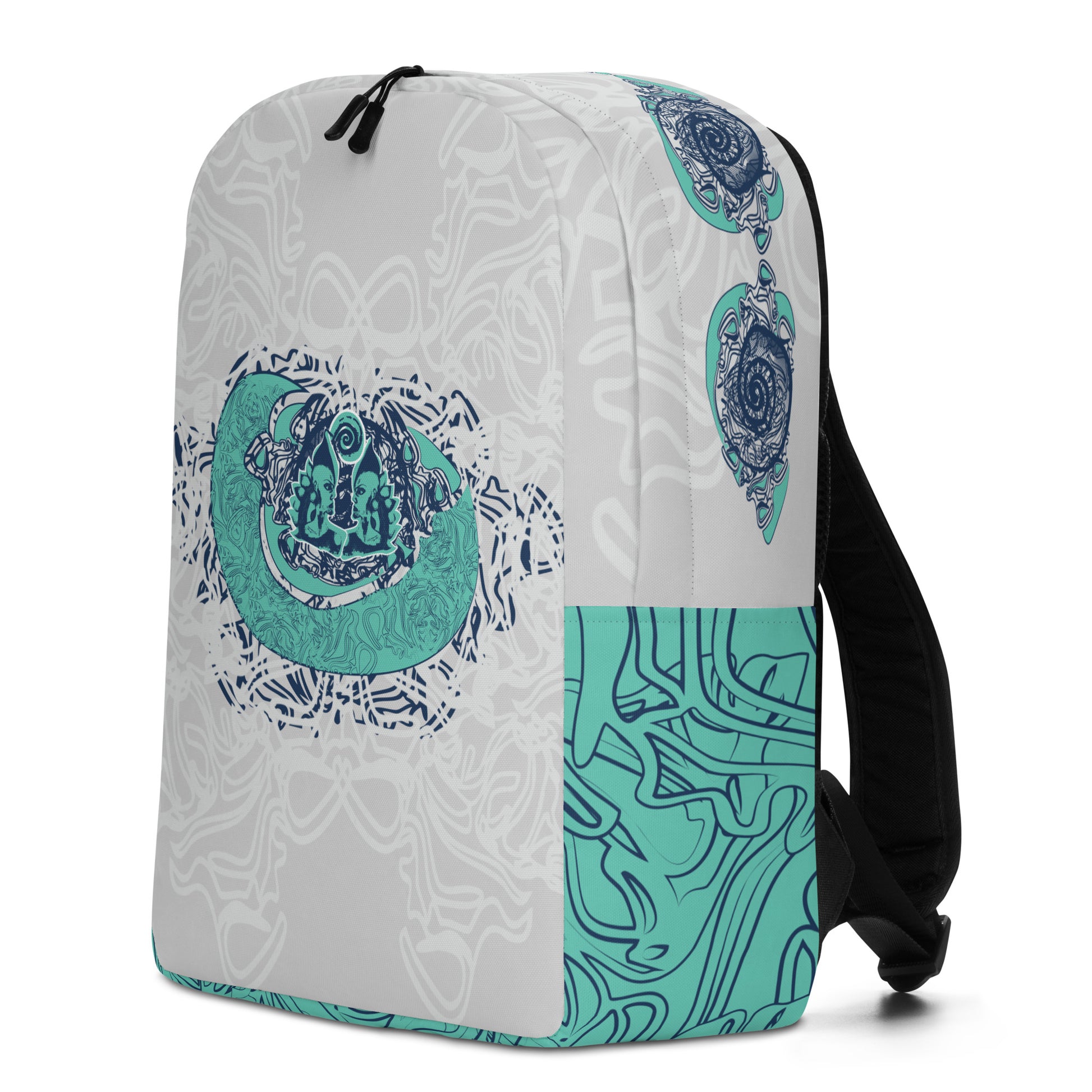 Minimalist backpack with jade and navy abstract print, featuring a bold hand-drawn dual-face motif on the front and layered spiral accents throughout.