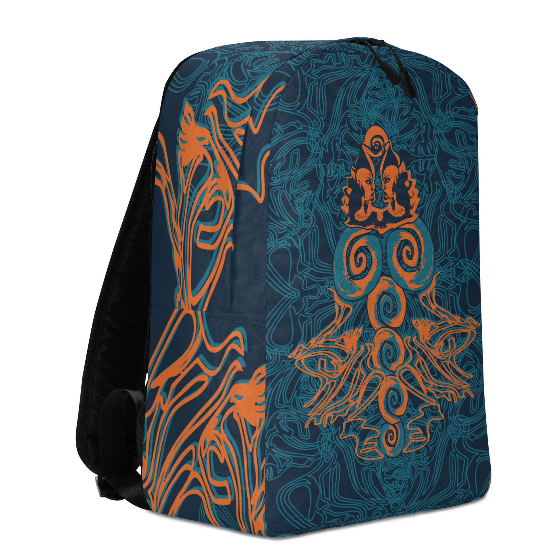 Navy blue backpack featuring intricate cyan linework and a striking orange mirrored face motif, with swirling tribal-inspired patterns for a bold artistic statement.