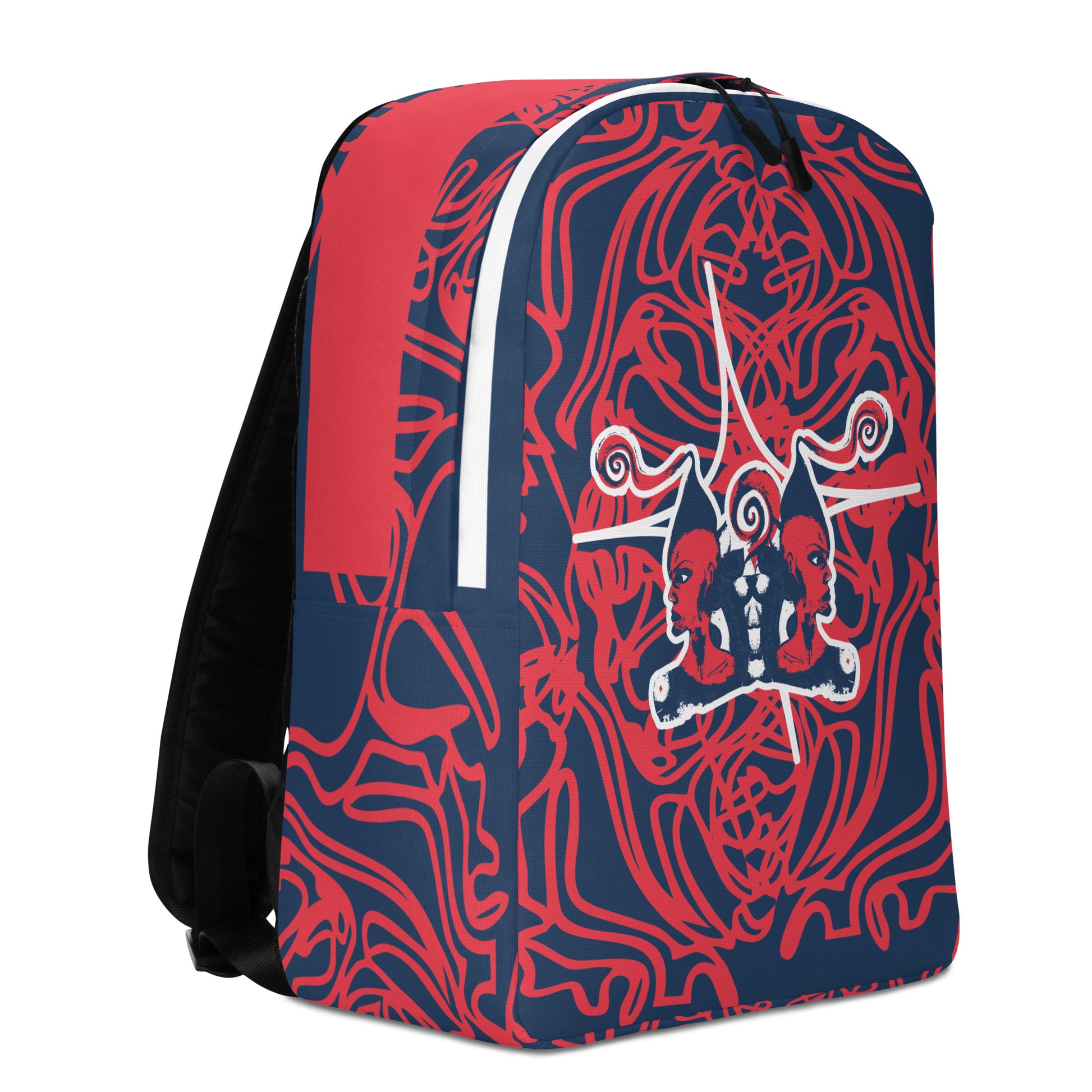 Bold navy and red streetwear backpack featuring hand-drawn tribal patterns and mirrored face design, culturally inspired and crafted for a modern, edgy look – KLOE fashion.