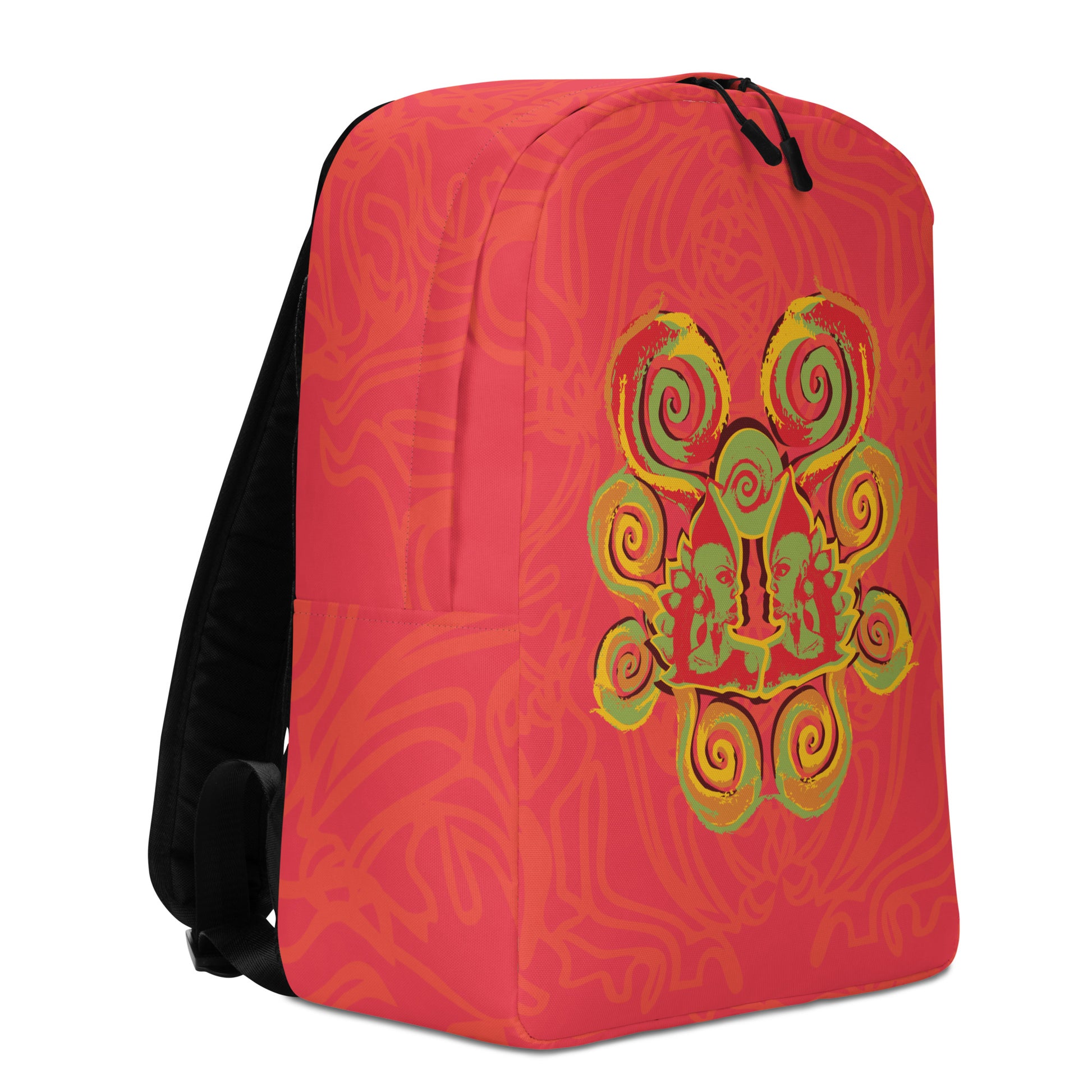 Red-orange backpack with mirrored face design and vibrant spiral patterns, inspired by cultural artistry and self-expression.