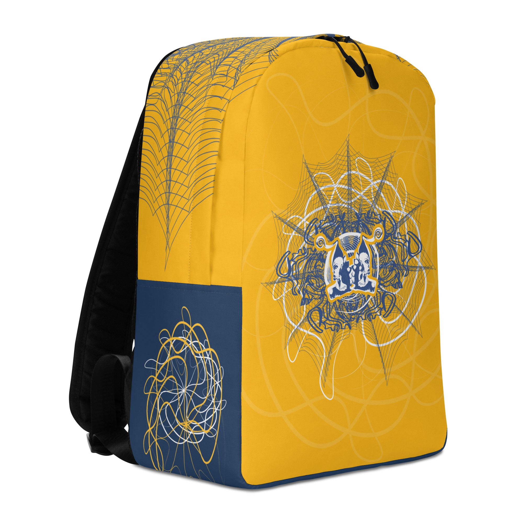 Golden yellow backpack featuring navy and white abstract line art with a mirrored face emblem at the center, blending cultural symbolism with bold streetwear design from the Secret Chambers of I and I collection.