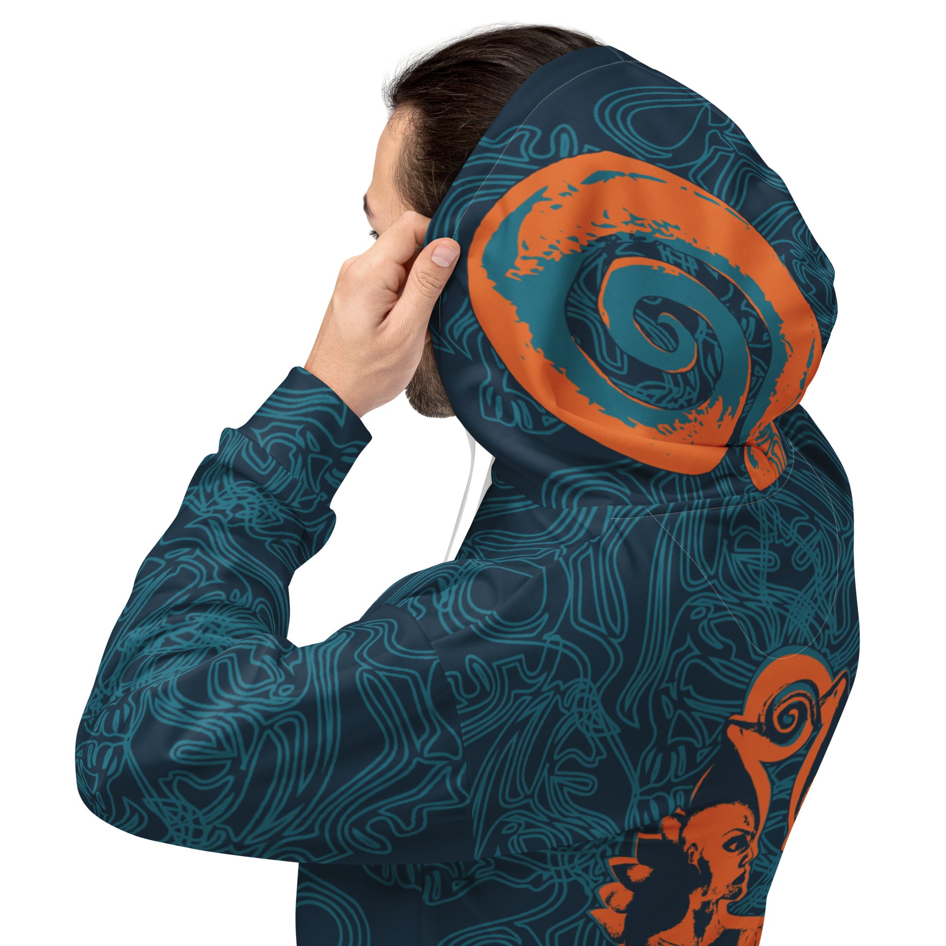 Zoomed back view of a navy blue hoodie featuring intricate cyan patterns and bold orange mirrored faces, with a tribal-inspired design on the hood.