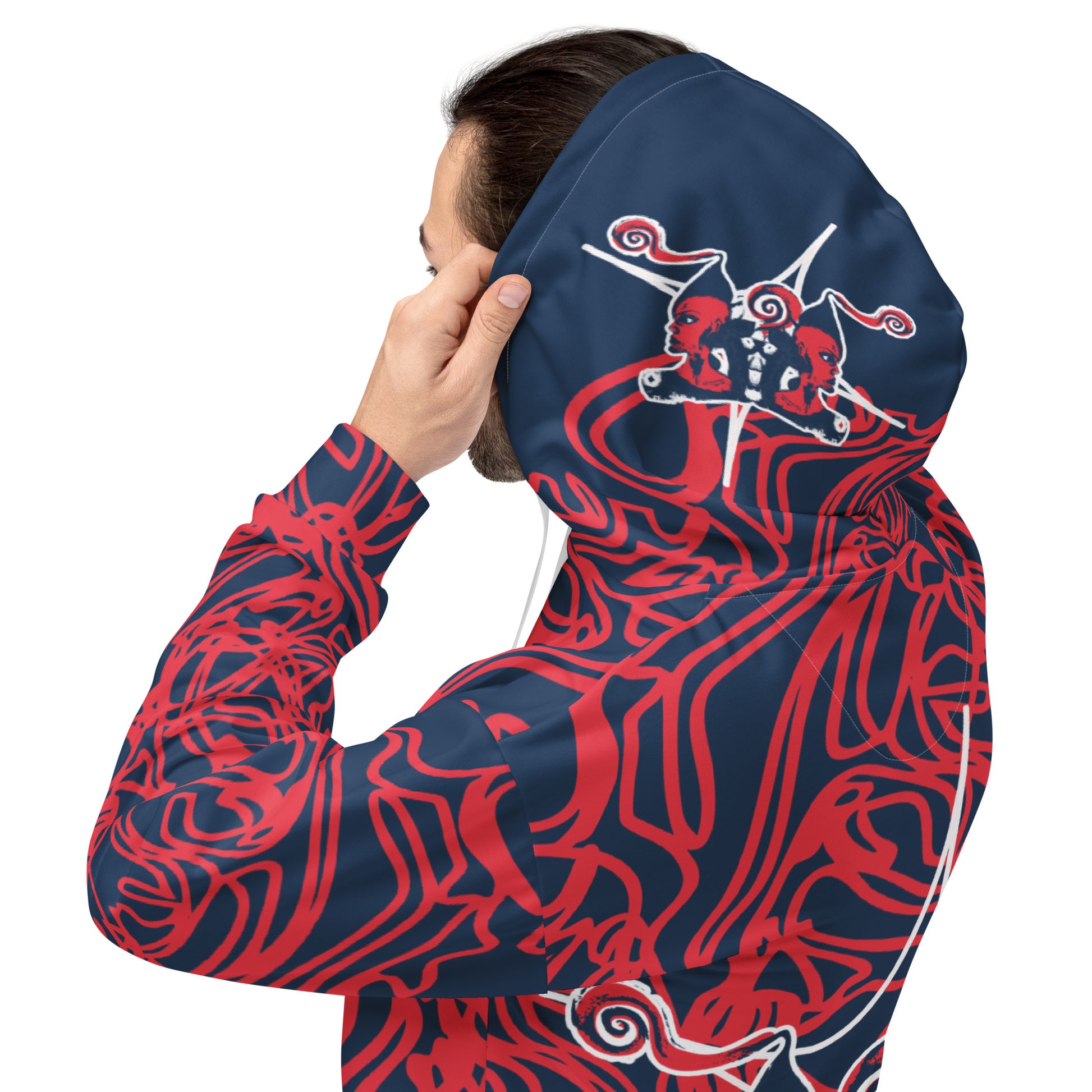 Bold navy and red streetwear hoodie featuring hand-drawn tribal patterns and mirrored face design, culturally inspired and crafted for modern, edgy style – KLOE fashion.