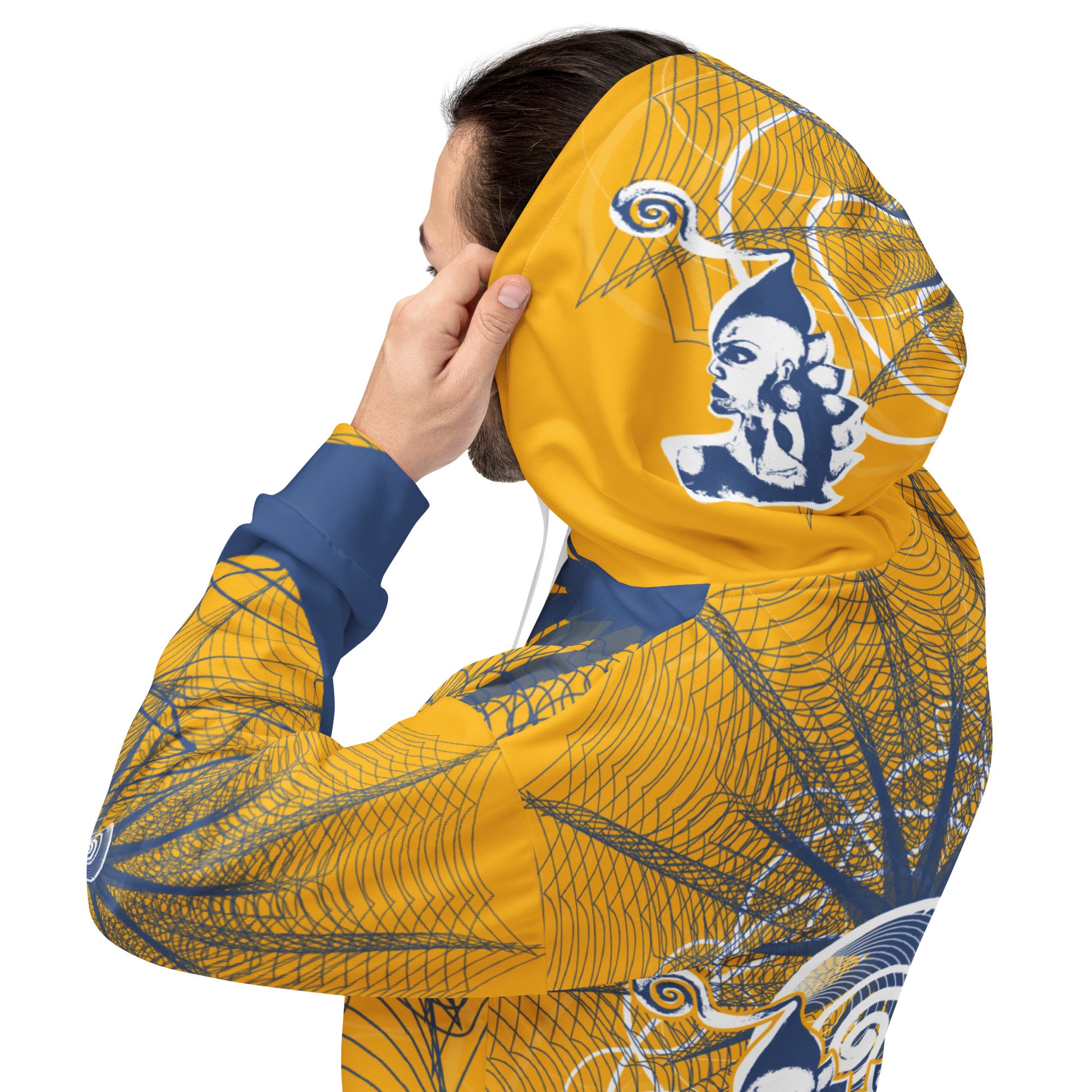 Back view of a golden yellow hoodie with layered navy linework and a mirrored face emblem at the center, combining cultural symbolism with modern streetwear design from the Secret Chambers of I and I collection.