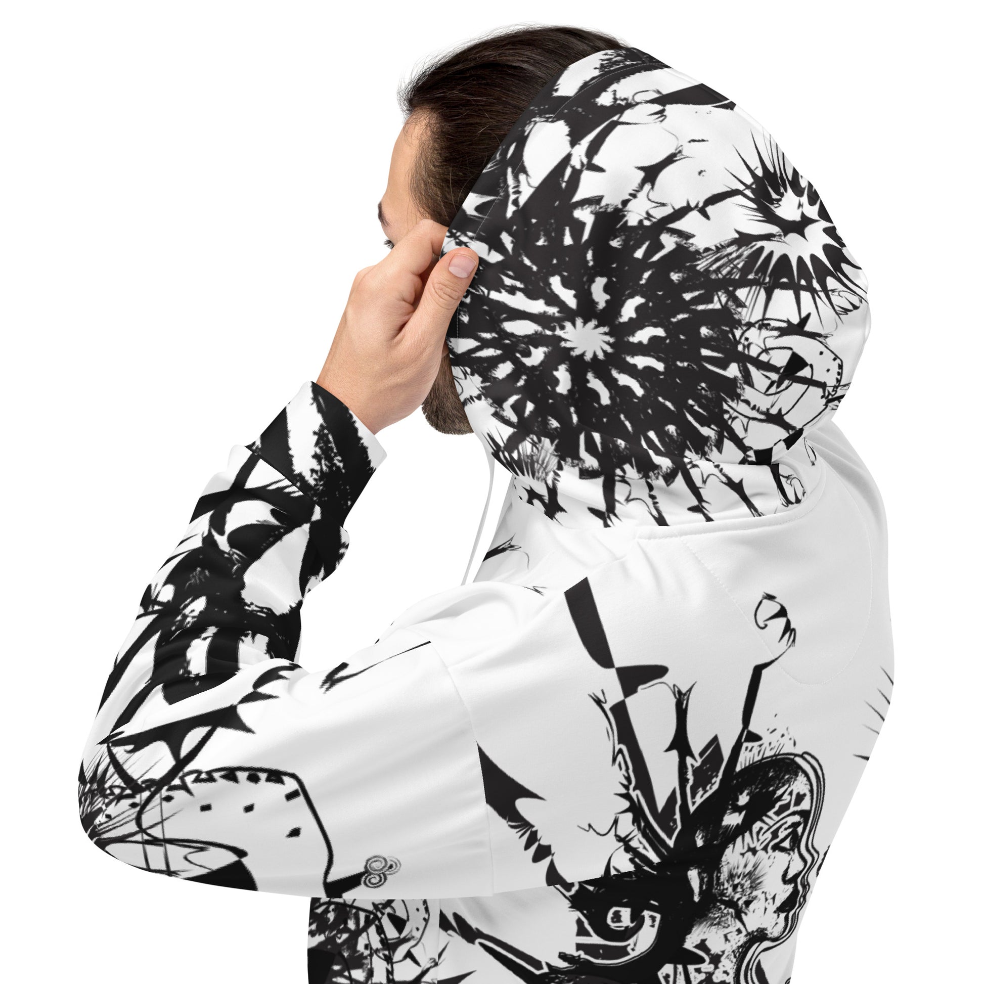 Zoomed in view of the back side of white all-over print unisex K.L.O.E. hoodie with intricate black hand-drawn artwork of two faces intertwined with abstract, organic forms and cultural symbolism—representing metamorphosis, identity, and creative freedom.