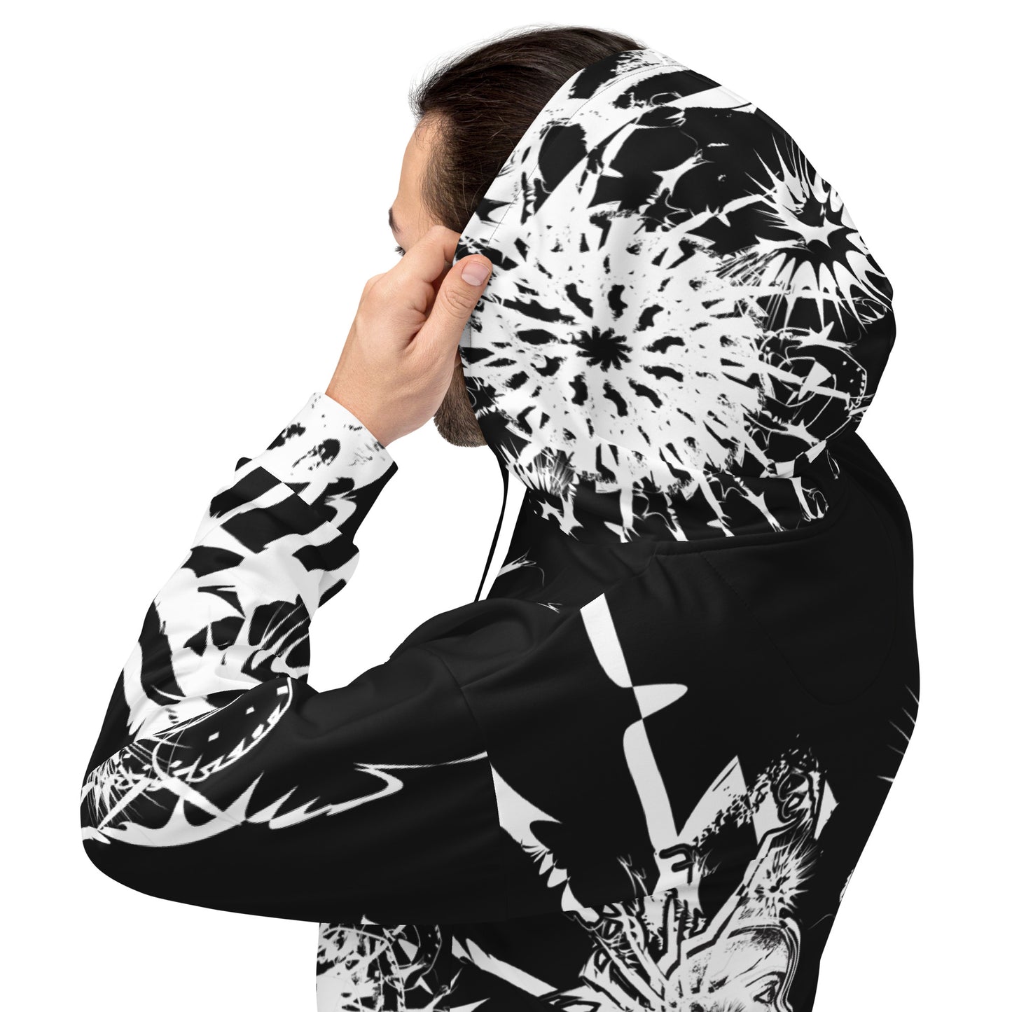 Zoomed in view of all-over print recycled unisex hoodie by K.L.O.E showcasing intricate white hand-drawn artwork of two abstract faces surrounded by bold cultural and symbolic motifs—celebrating artistic expression and self-evolution.