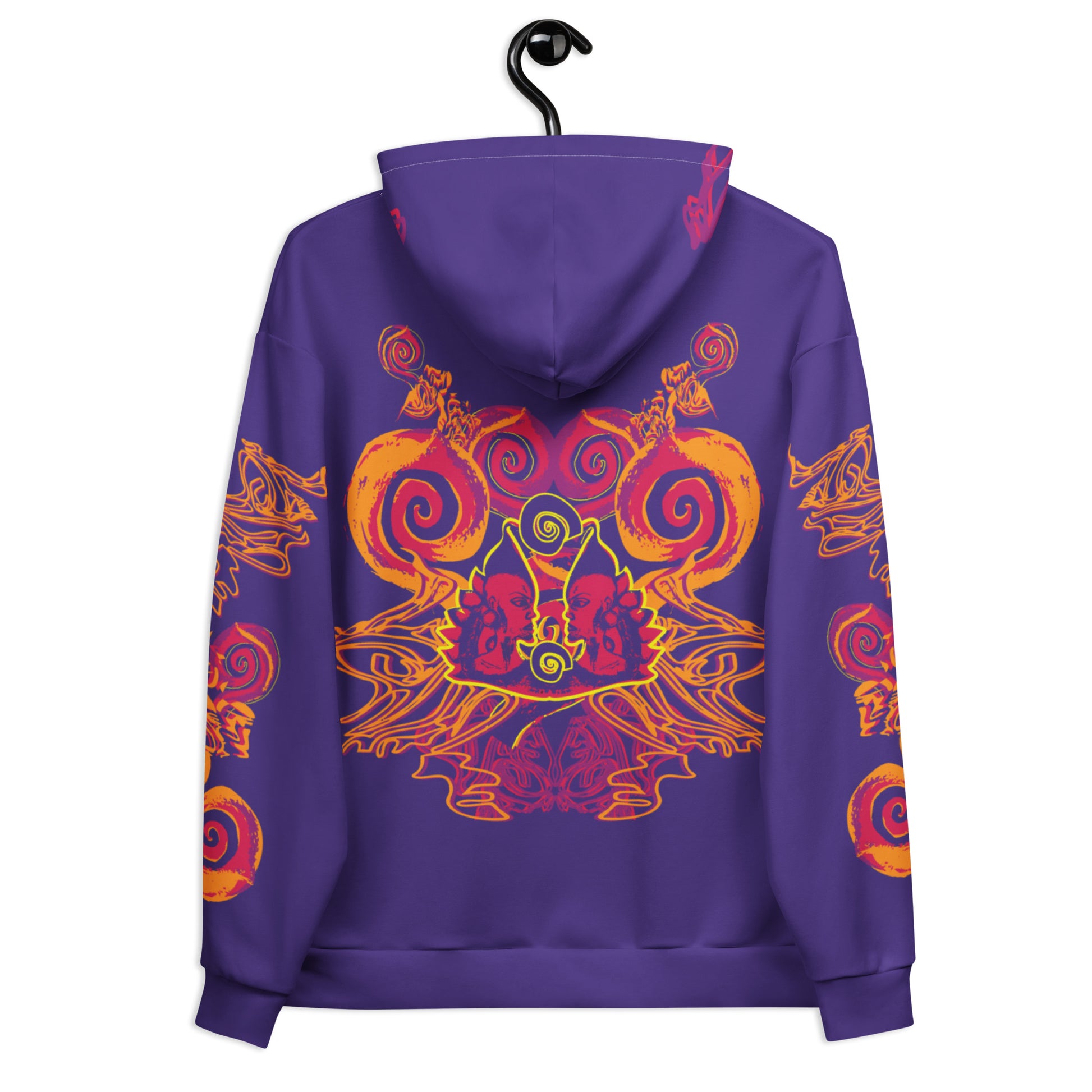 Back view of a vibrant purple hoodie with bold orange and red culturally inspired patterns, mirrored face design, and abstract swirls — expressive fashion from KLOE’s The Secret Chambers of I & I collection.