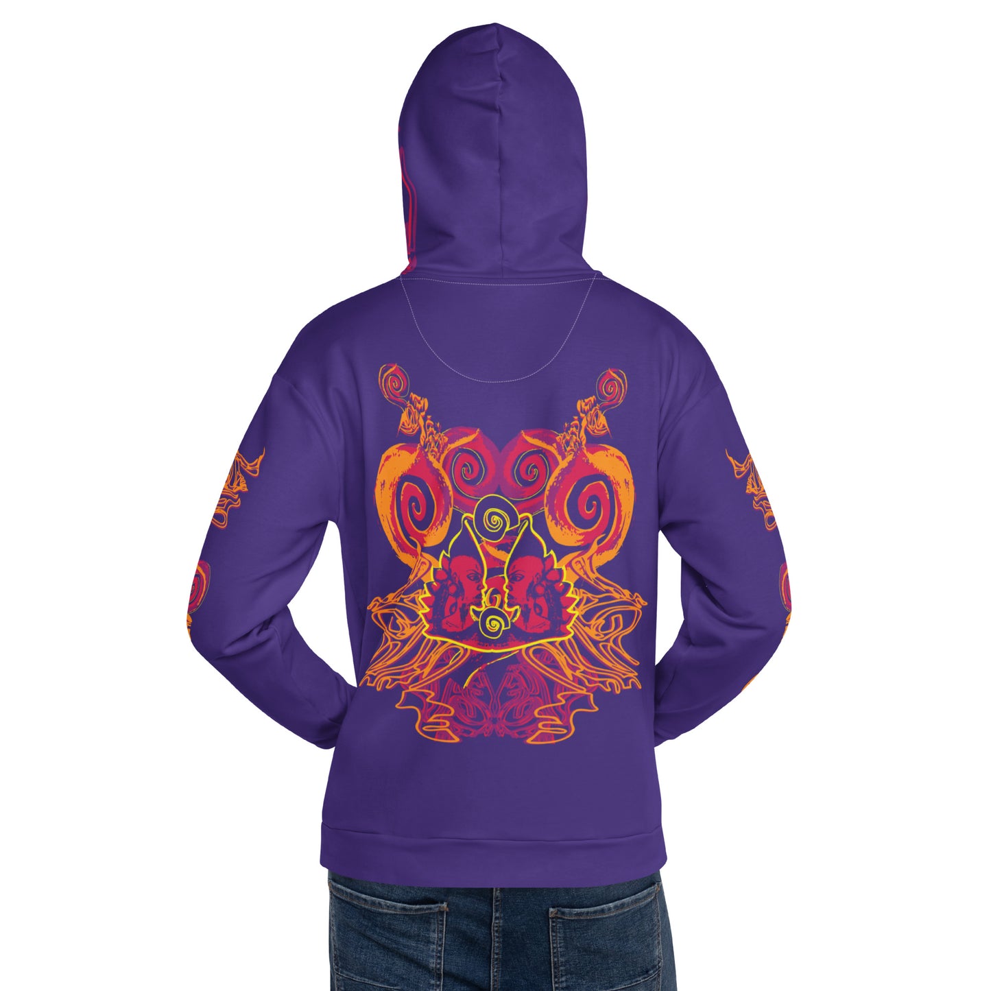 A model wearing a vibrant purple hoodie with bold orange and red culturally inspired patterns, mirrored face design, and abstract swirls — expressive fashion from KLOE’s The Secret Chambers of I & I collection, back view.