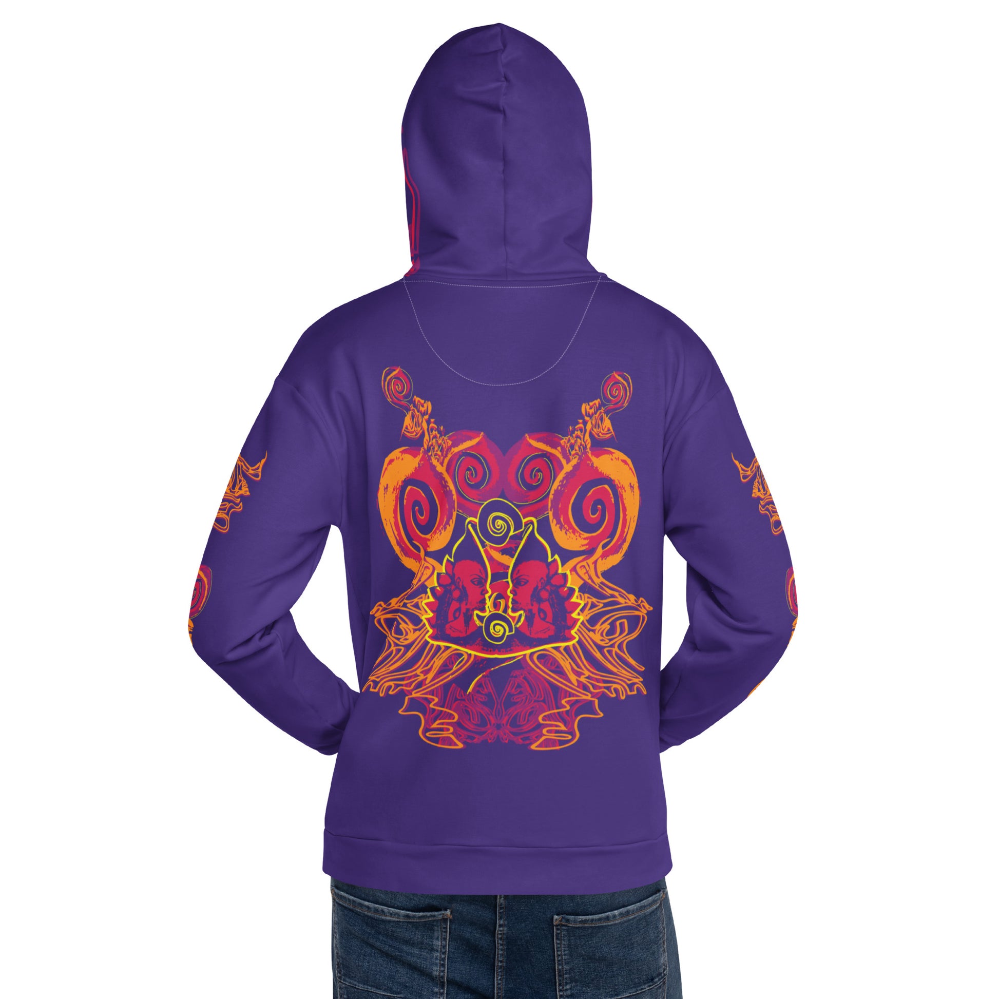 A model wearing a vibrant purple hoodie with bold orange and red culturally inspired patterns, mirrored face design, and abstract swirls — expressive fashion from KLOE’s The Secret Chambers of I & I collection, back view.