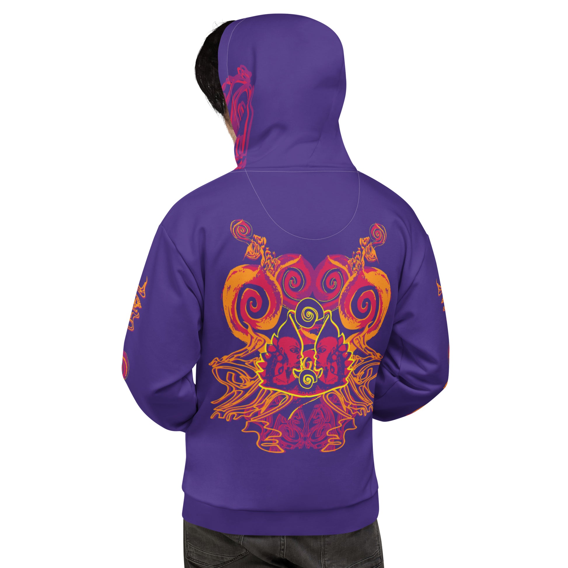 {Back view of a vibrant purple hoodie with bold orange and red culturally inspired patterns, mirrored face design, and abstract swirls — expressive fashion from KLOE’s The Secret Chambers of I & I collection, worn by a model.